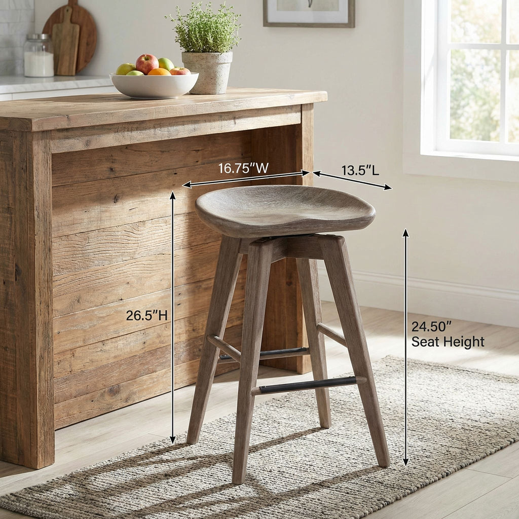 Tiwi Backless Swivel Counterstool in Solid Wood, 24" Gray Whitewash