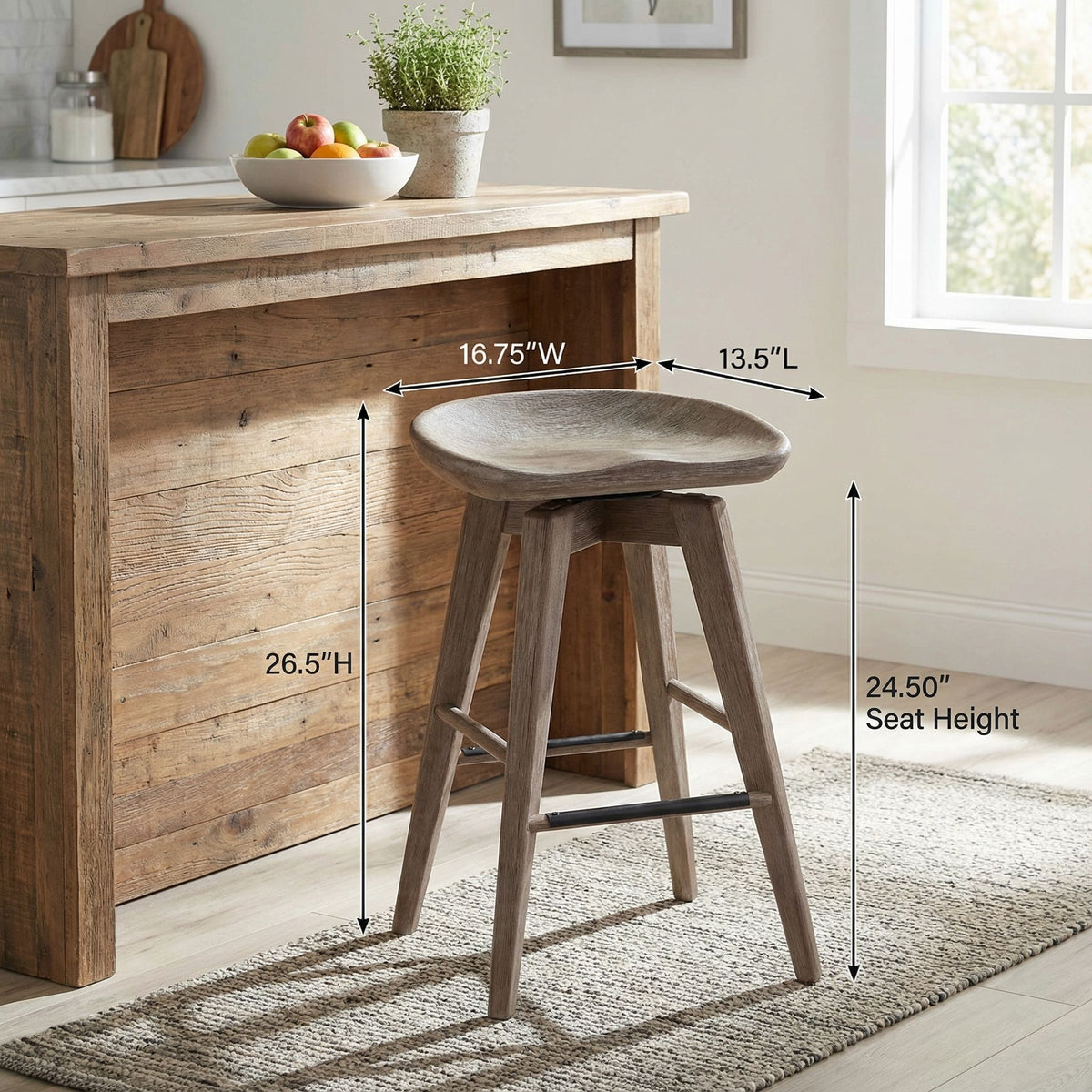 Tiwi Backless Swivel Counterstool in Solid Wood, 24" Gray Whitewash