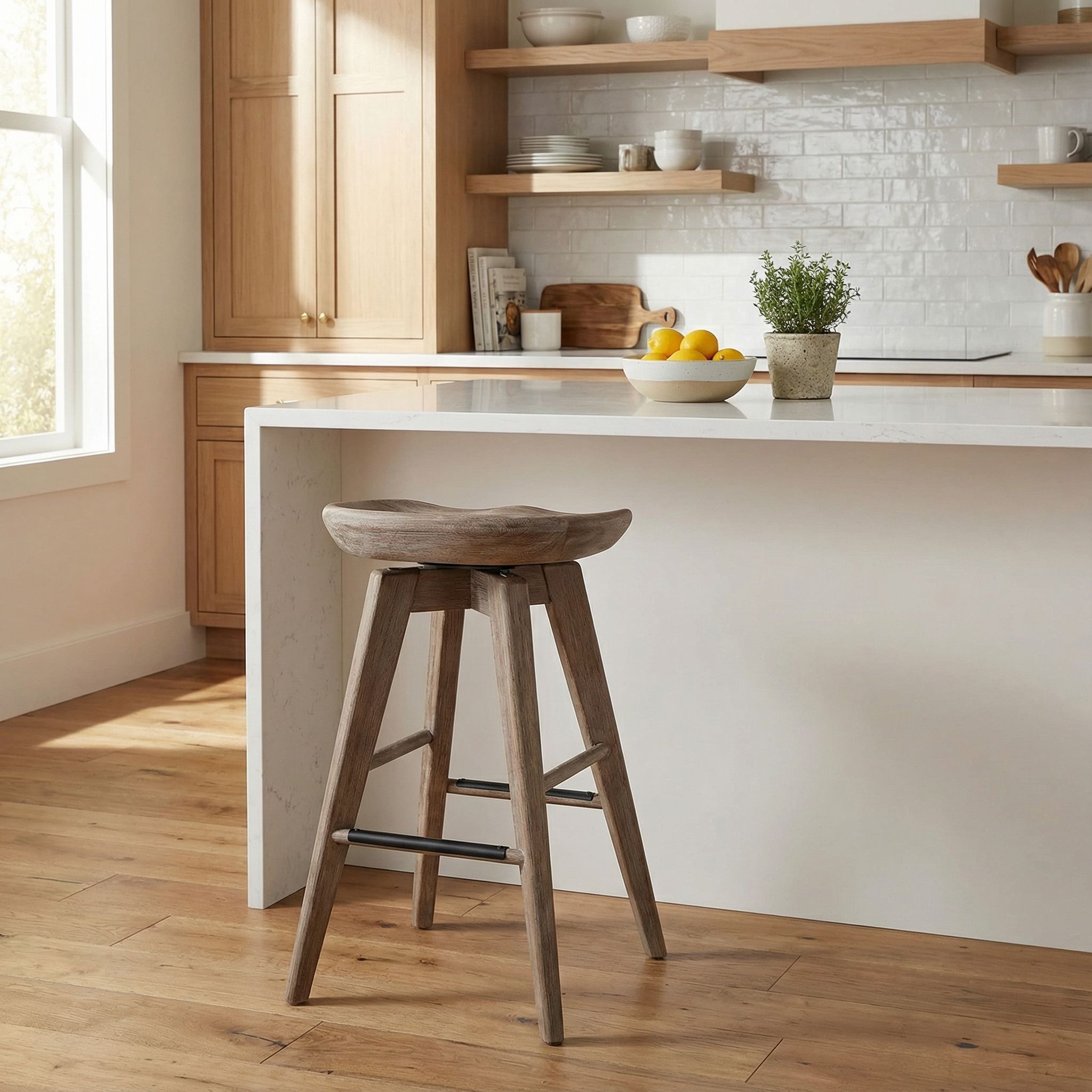 Tiwi Backless Swivel Counterstool in Solid Wood, 24" Gray Whitewash