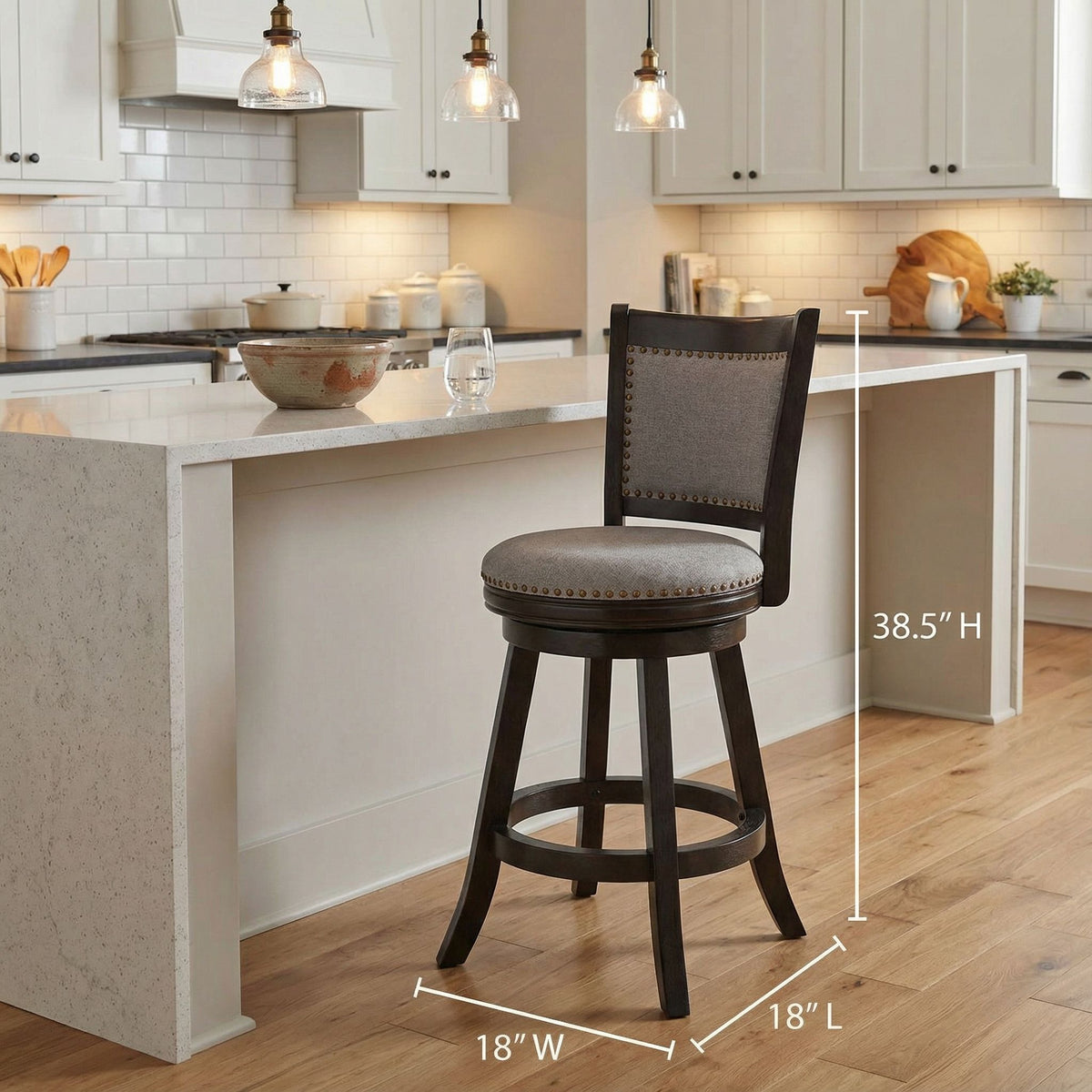 Ferne Solid Wood Swivel Counter Stool, 24" Gray Fabric