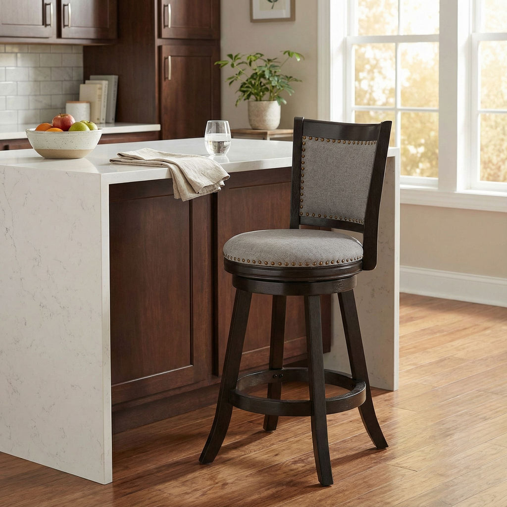 Ferne Solid Wood Swivel Counter Stool, 24" Gray Fabric