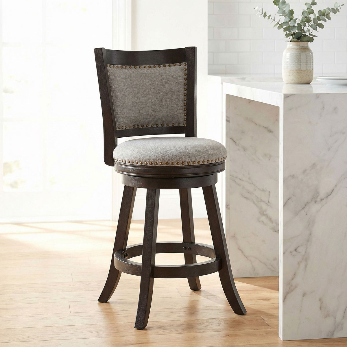 Ferne Solid Wood Swivel Counter Stool, 24" Gray Fabric