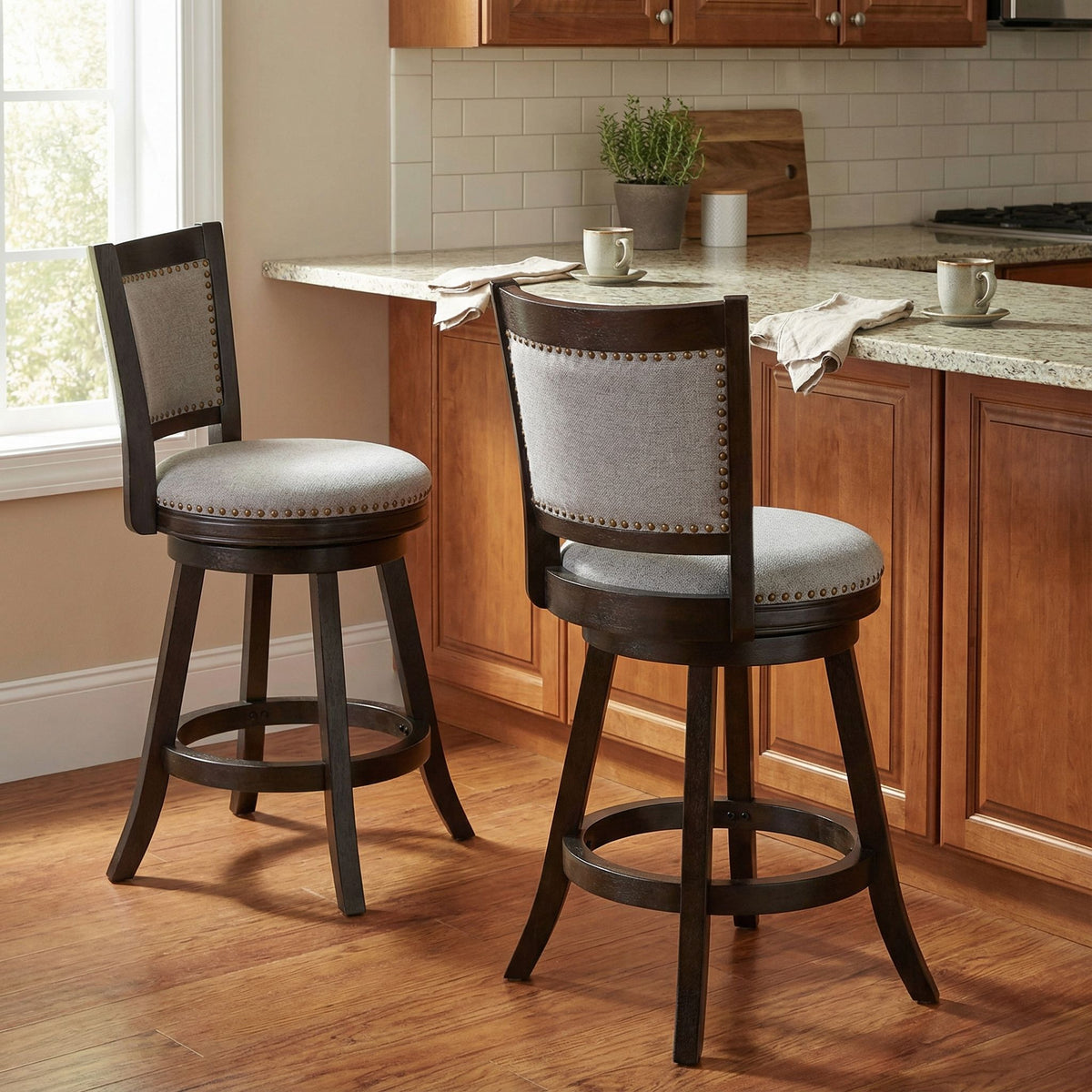 Ferne Solid Wood Swivel Counter Stool, 24" Gray Fabric