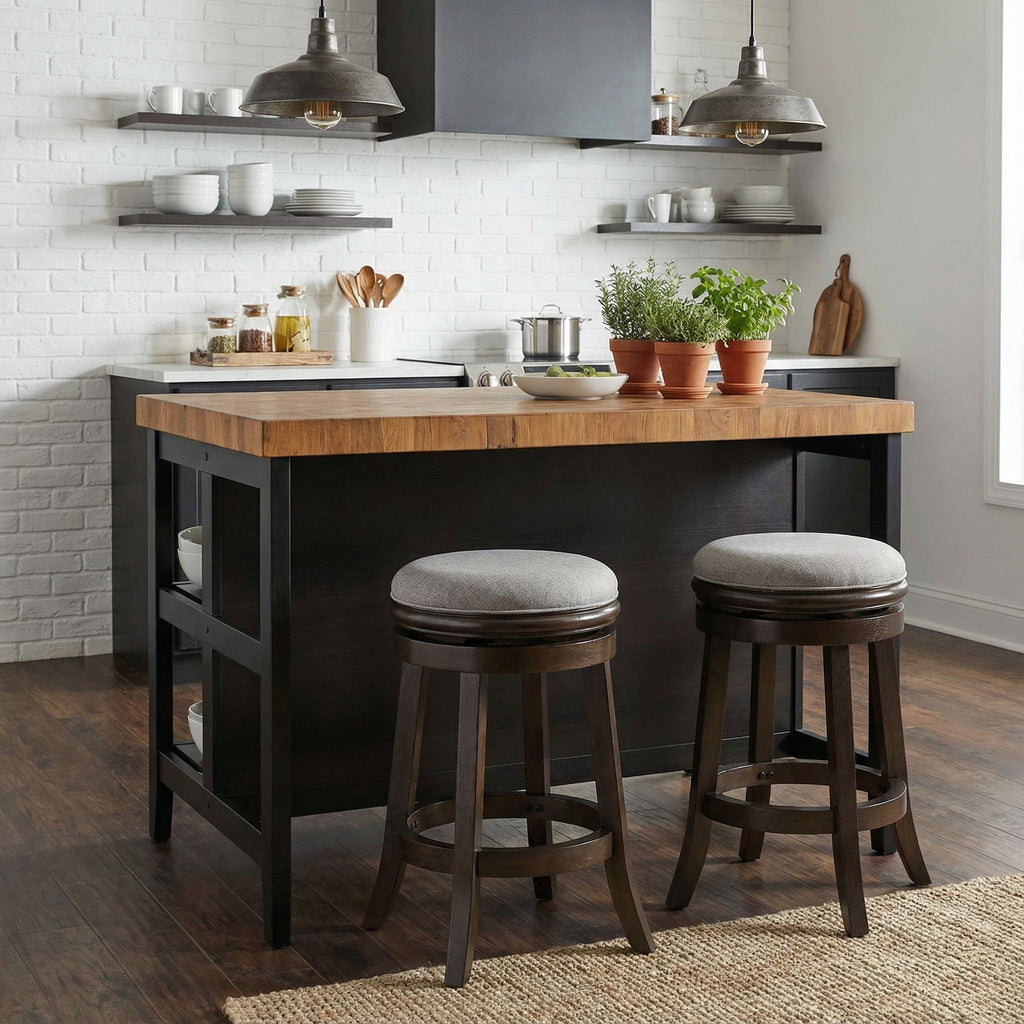 Clyffe Backless Swivel Counter Stool in Solid Wood, 24" Gray Fabric