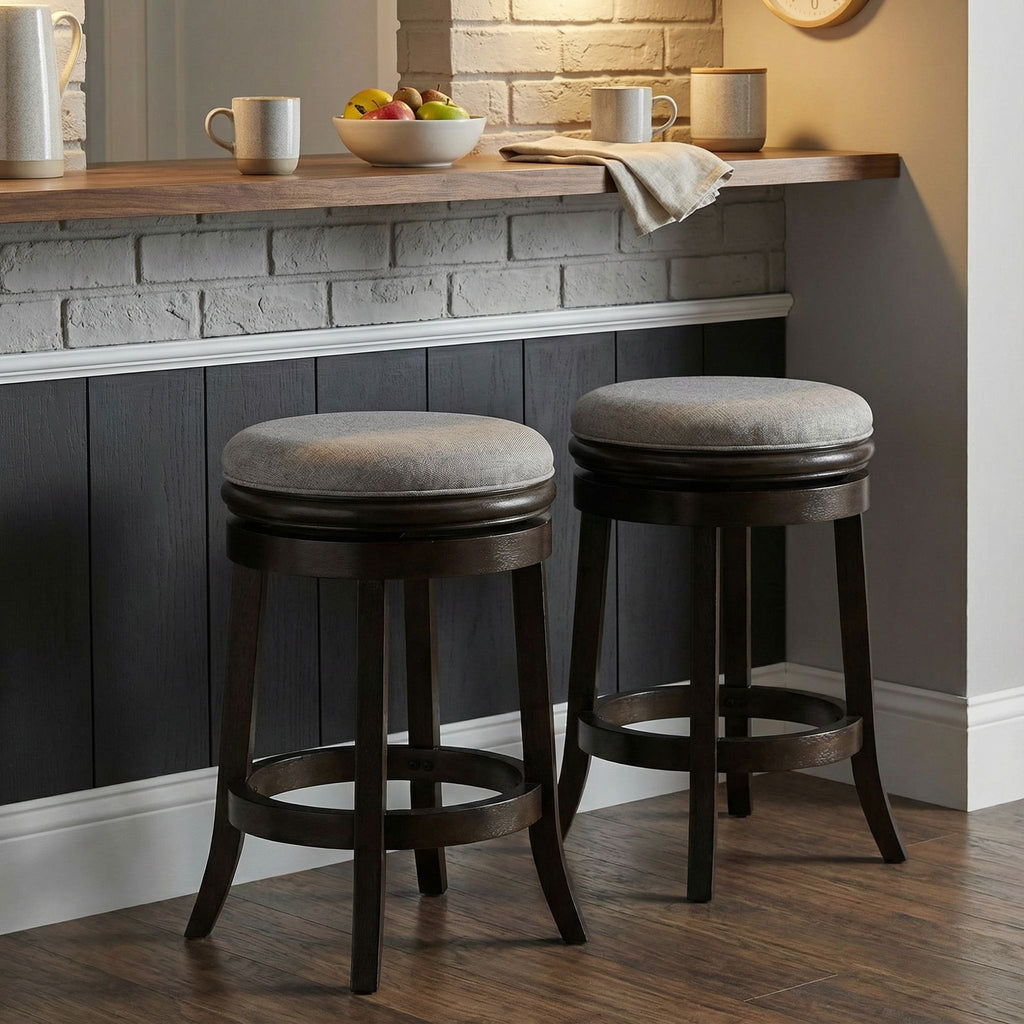 Clyffe Backless Swivel Counter Stool in Solid Wood, 24" Gray Fabric