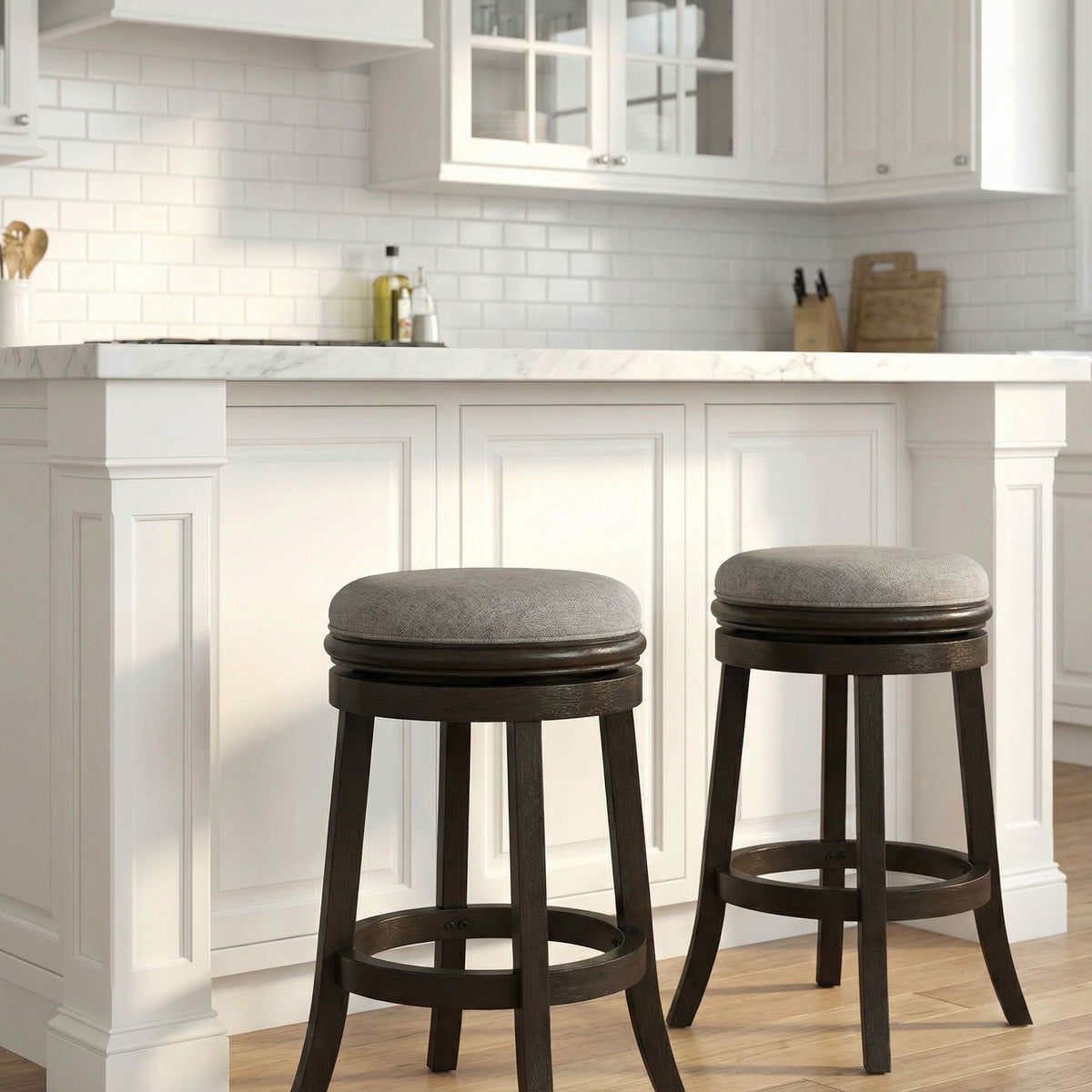 Clyffe Backless Swivel Counter Stool in Solid Wood, 24" Gray Fabric