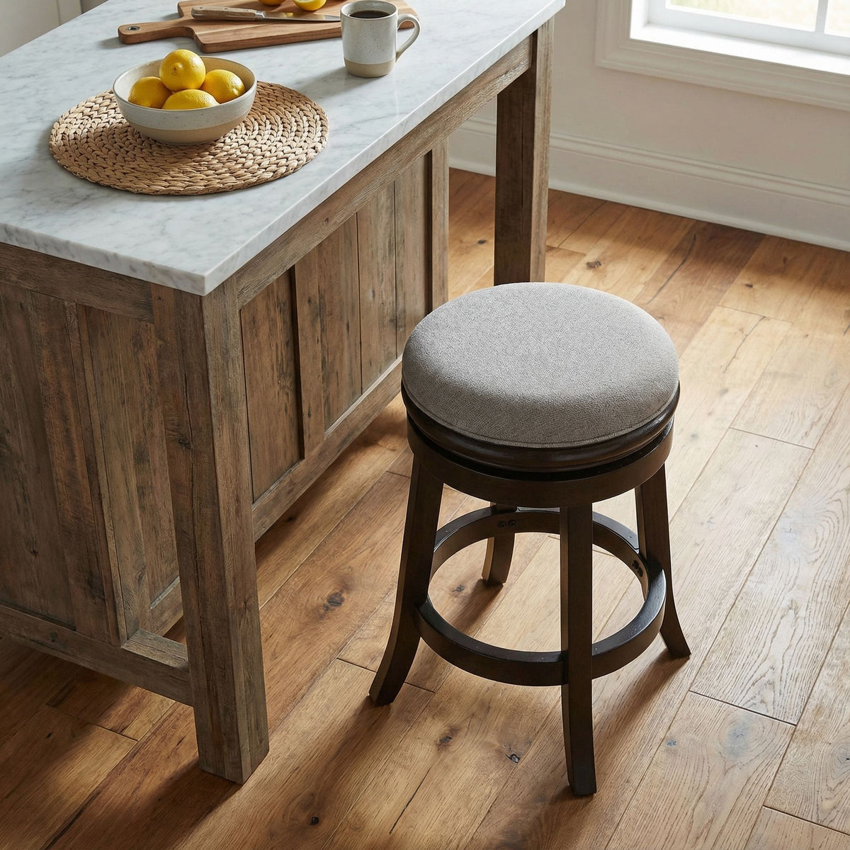 Clyffe Backless Swivel Counter Stool in Solid Wood, 24" Gray Fabric