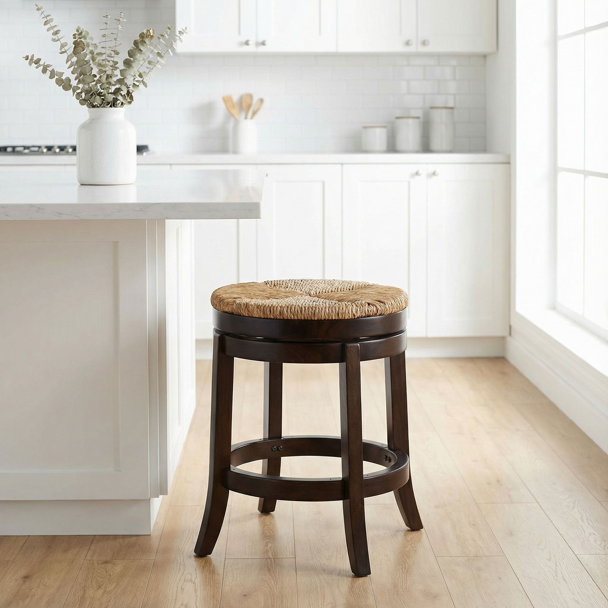 Hennepin Solid Wood Backless Round Swivel Counter Stool, 24" Straw Seat
