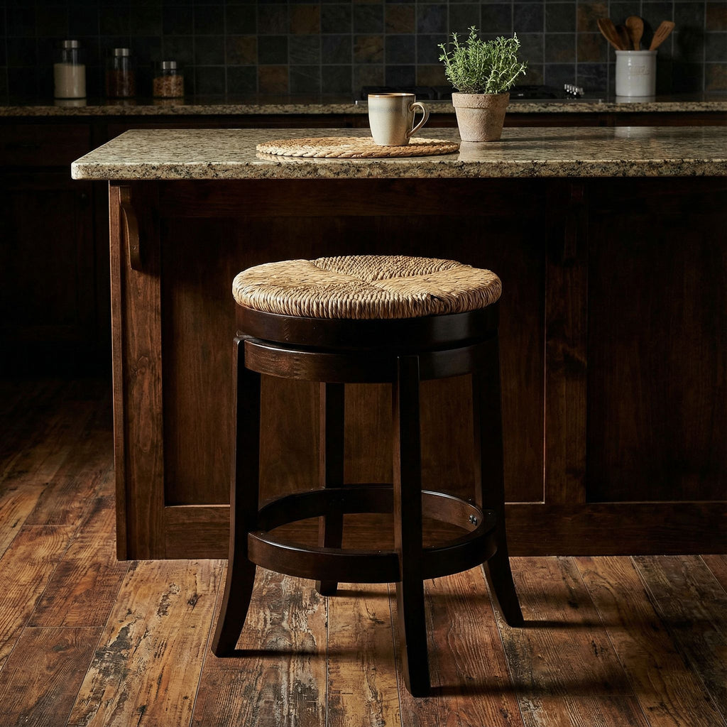 Hennepin Solid Wood Backless Round Swivel Counter Stool, 24" Straw Seat