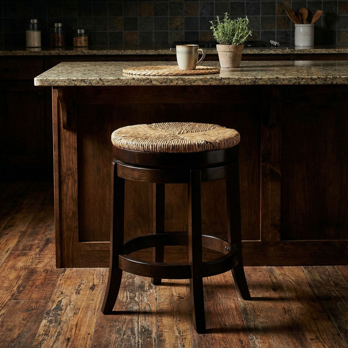 Hennepin Solid Wood Backless Round Swivel Counter Stool, 24" Straw Seat