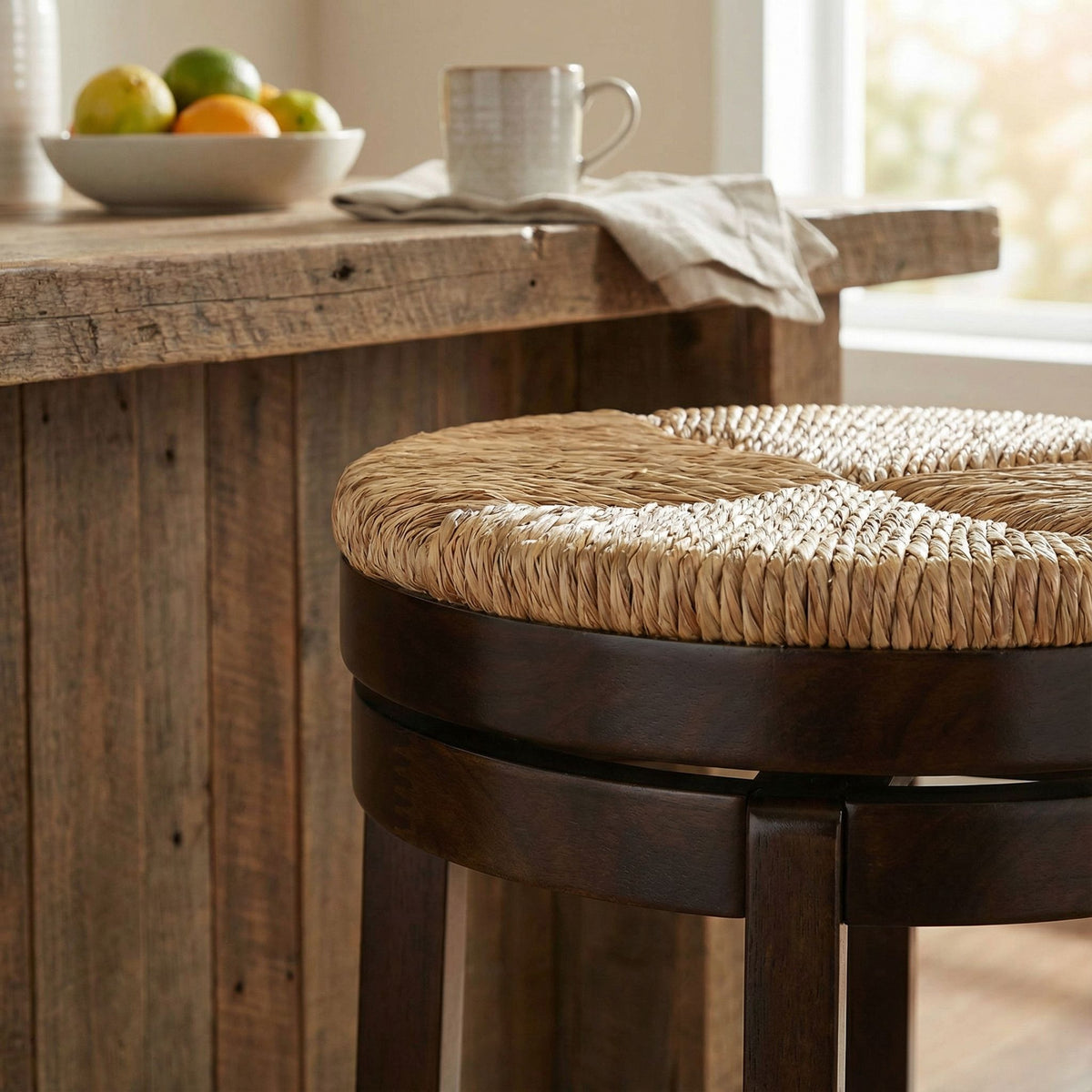 Hennepin Solid Wood Backless Round Swivel Counter Stool, 24" Straw Seat