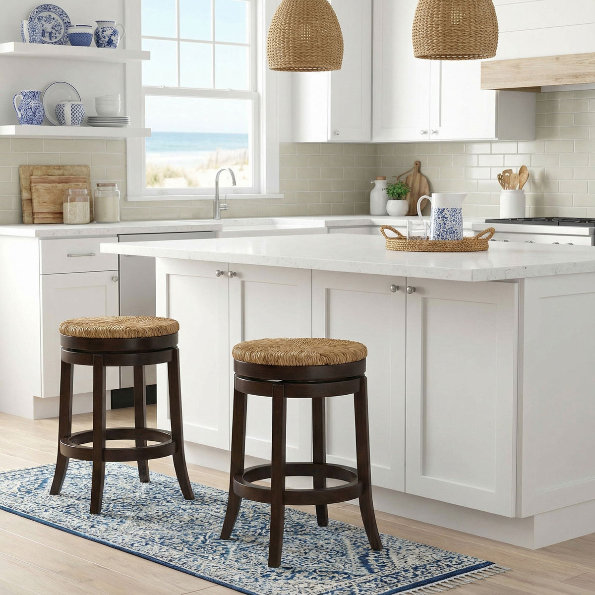 Hennepin Solid Wood Backless Round Swivel Counter Stool, 24" Straw Seat