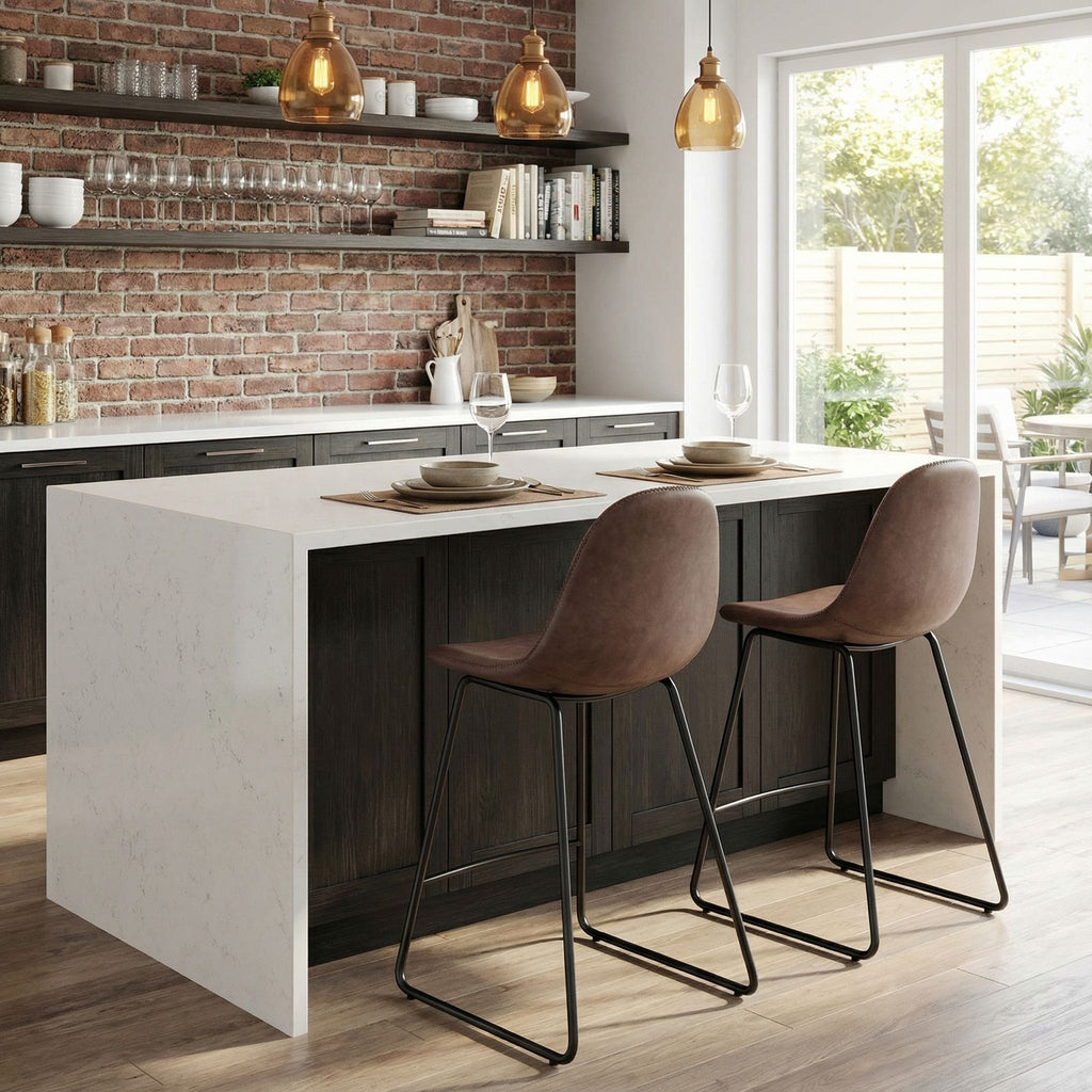 Gavin 24" Contoured Back Counterstool in faux Brown Leather (Set of 2)
