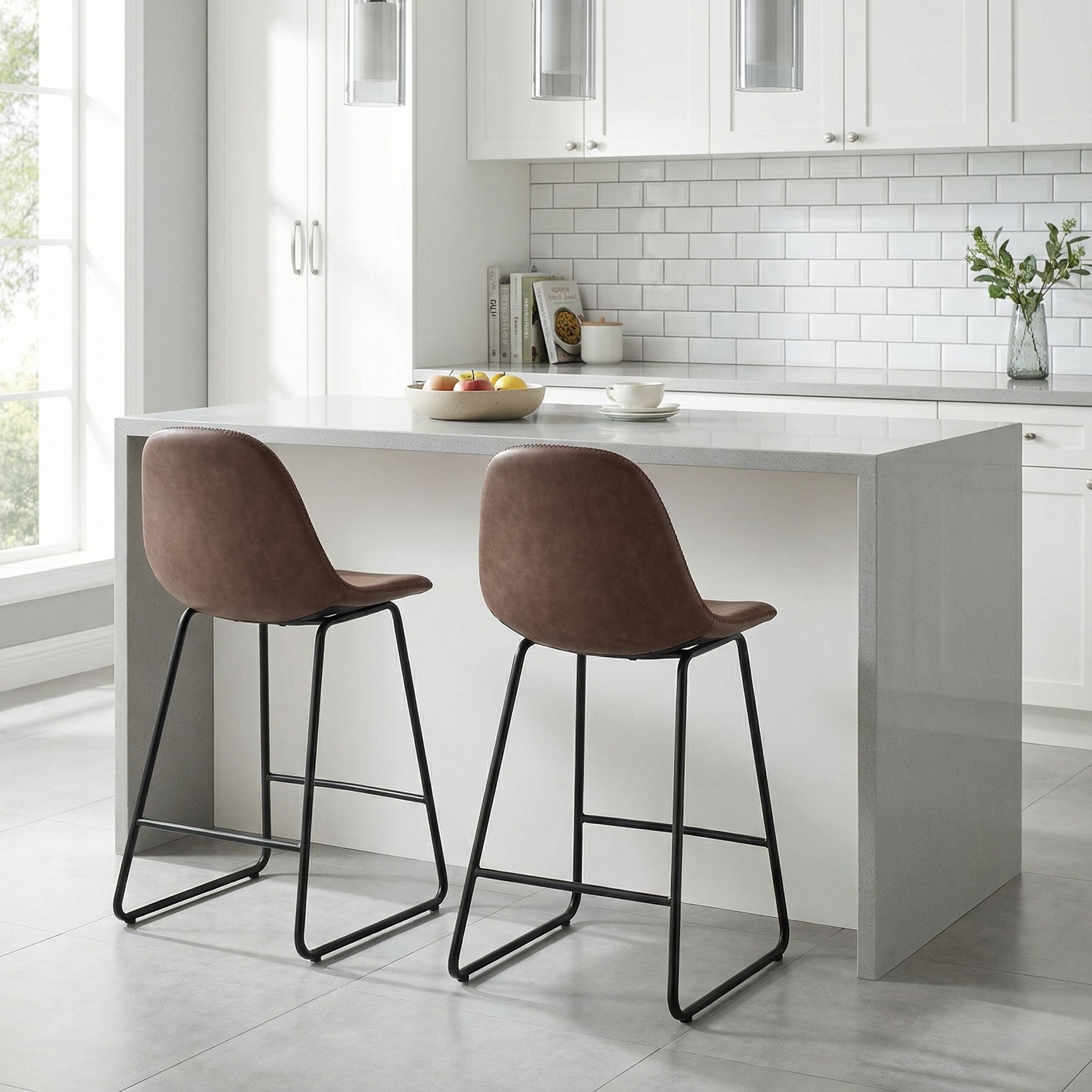 Gavin 24" Contoured Back Counterstool in faux Brown Leather (Set of 2)