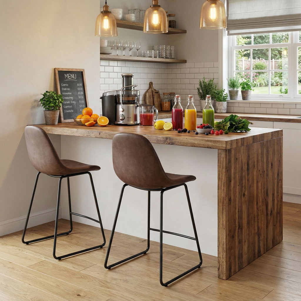 Gavin 24" Contoured Back Counterstool in faux Brown Leather (Set of 2)