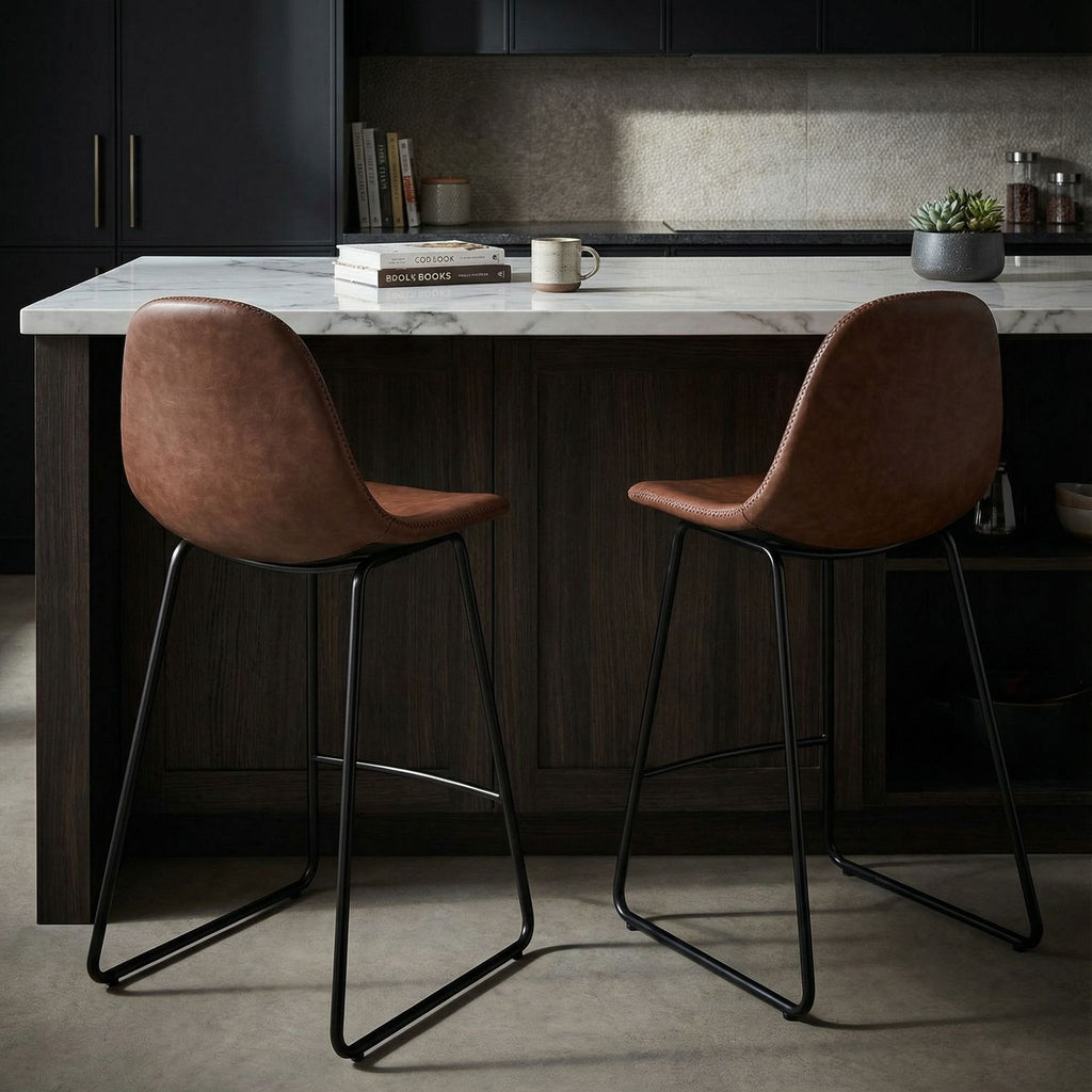 Gavin 24" Contoured Back Counterstool in faux Brown Leather (Set of 2)