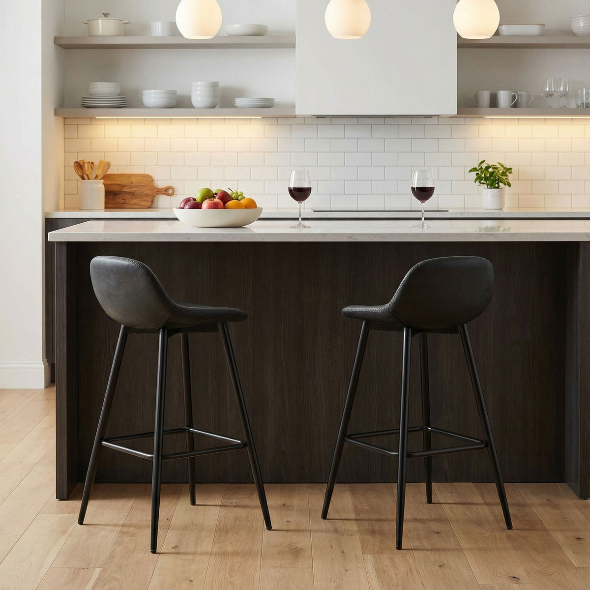 Rain Counterstools in Charcoal Black Faux Leather, Black Base (Set of 2)