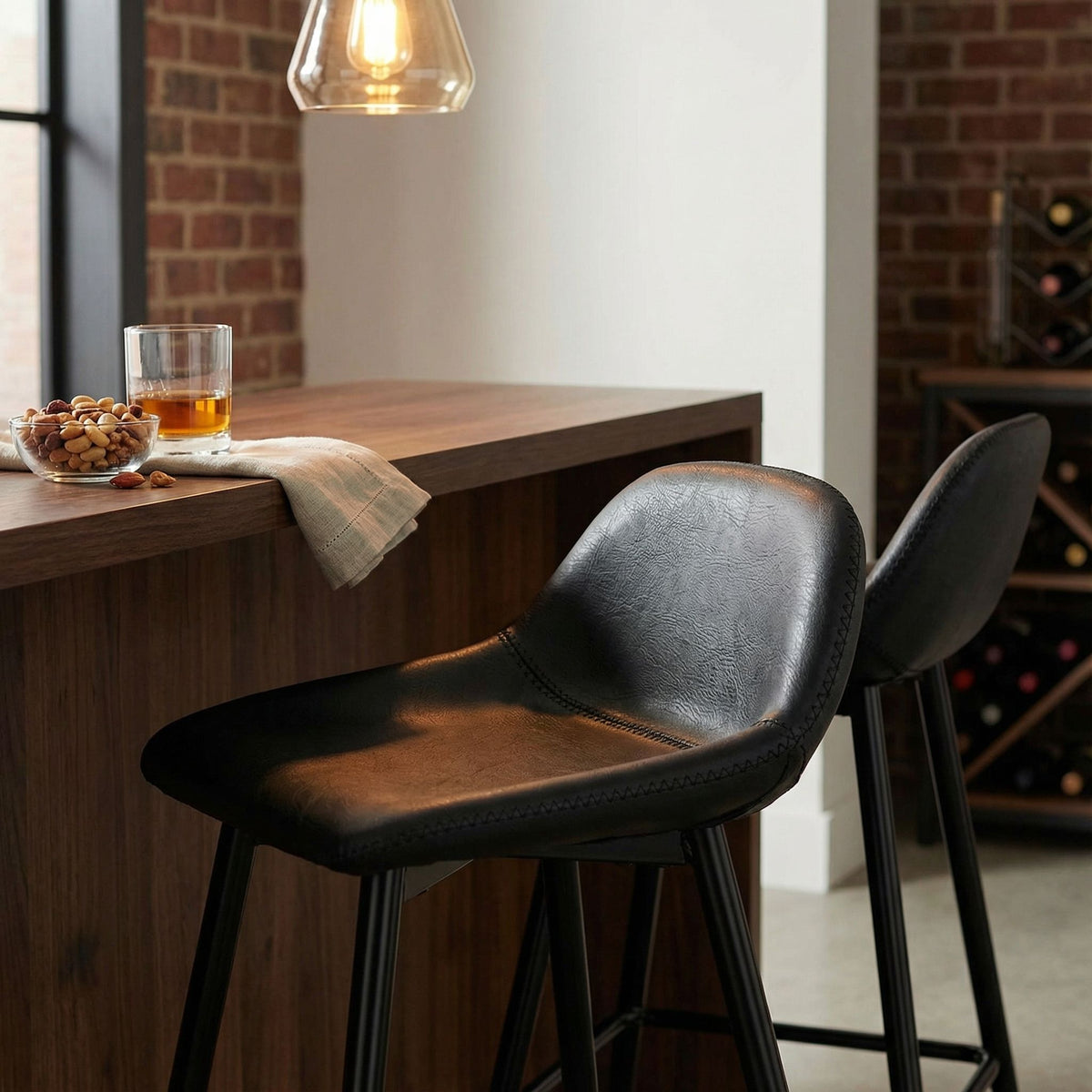 Rain Counterstools in Charcoal Black Faux Leather, Black Base (Set of 2)