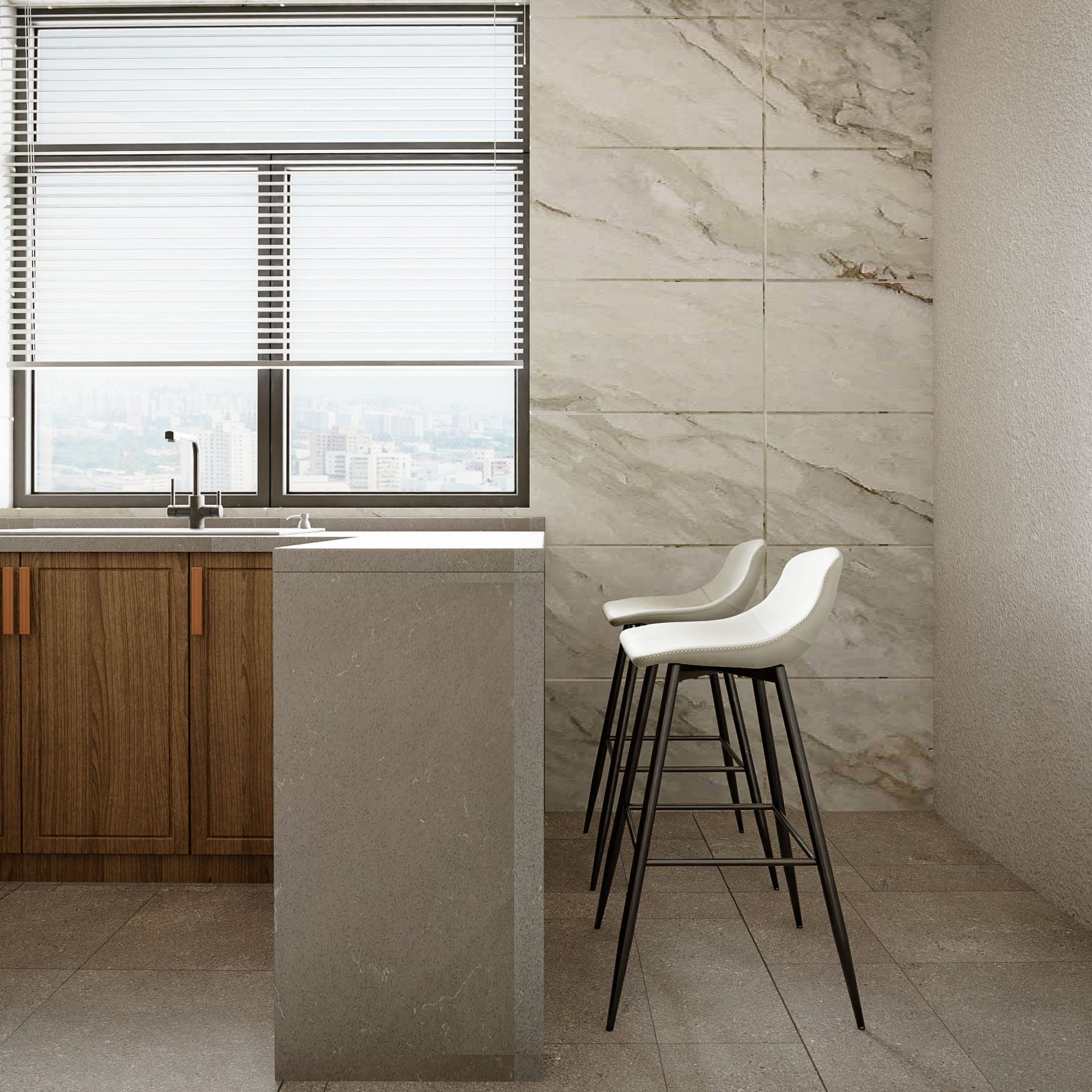 Rain Counterstools in White Faux Leather, Black Base (Set of 2)