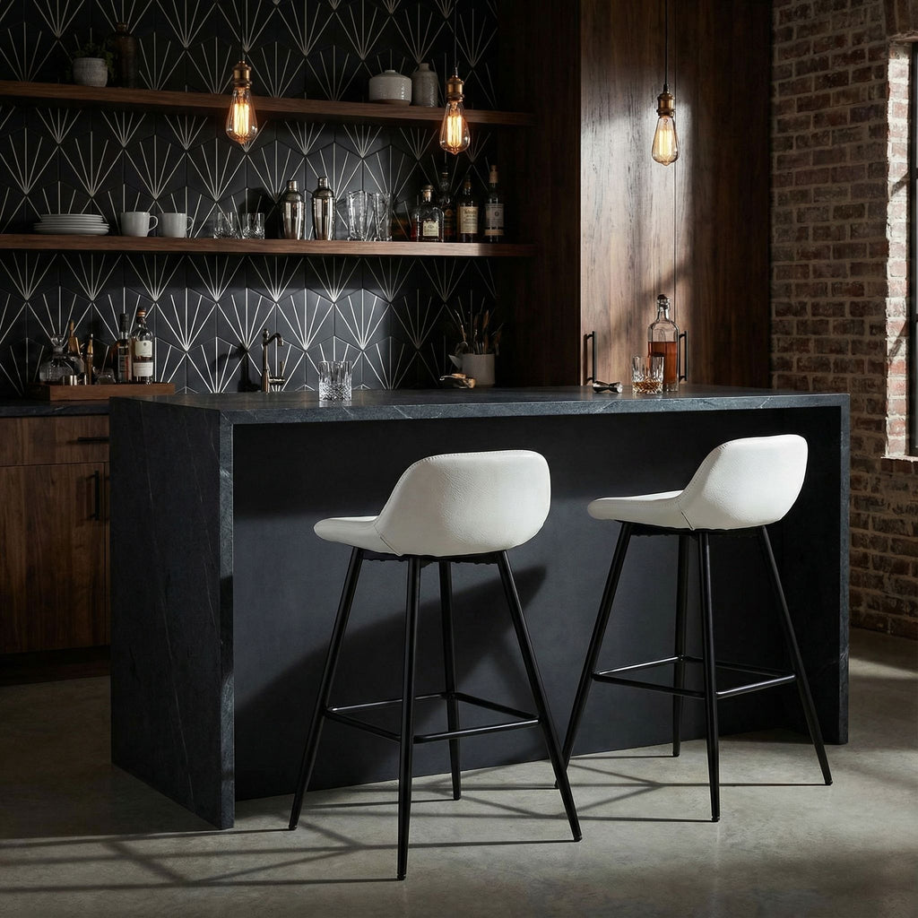 Rain Counterstools in White Faux Leather, Black Base (Set of 2)