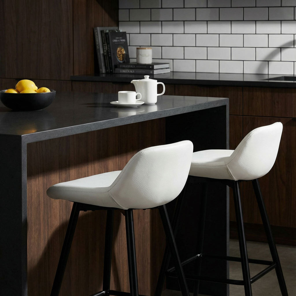 Rain Counterstools in White Faux Leather, Black Base (Set of 2)