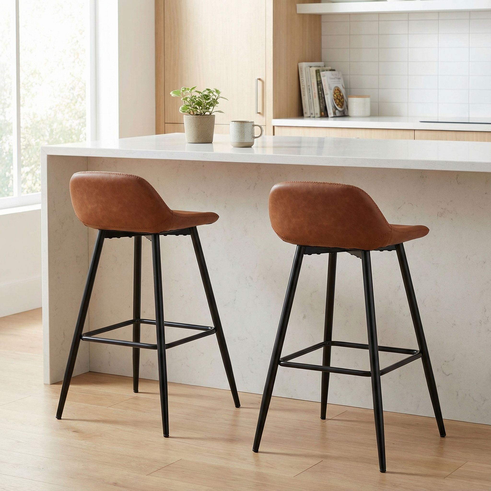 Rain Counterstools in Brown Faux Leather, Black Base (Set of 2)