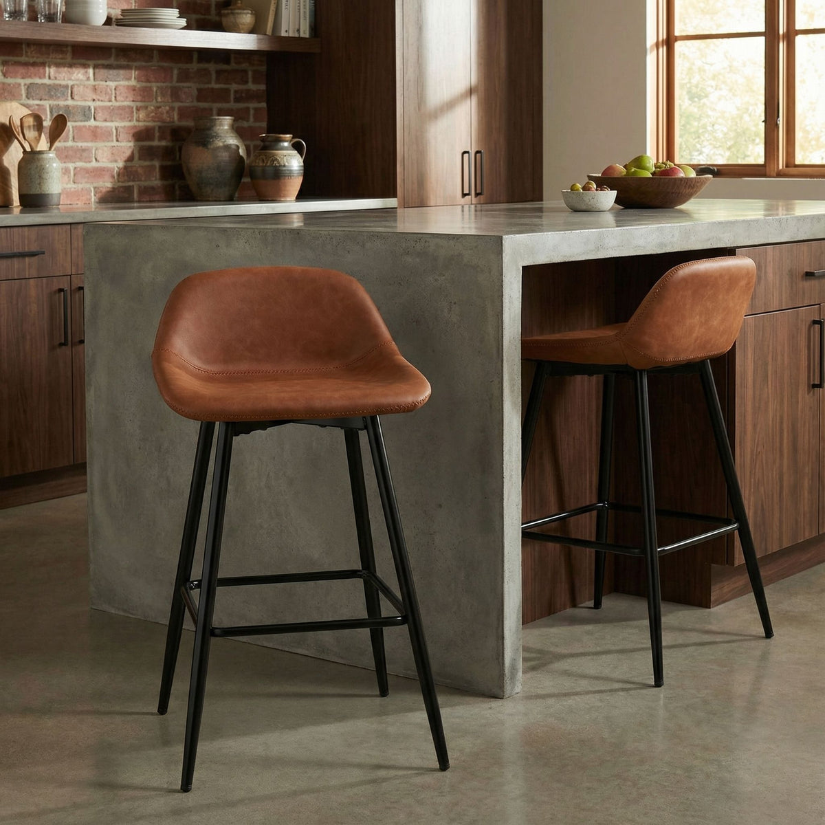 Rain Counterstools in Brown Faux Leather, Black Base (Set of 2)