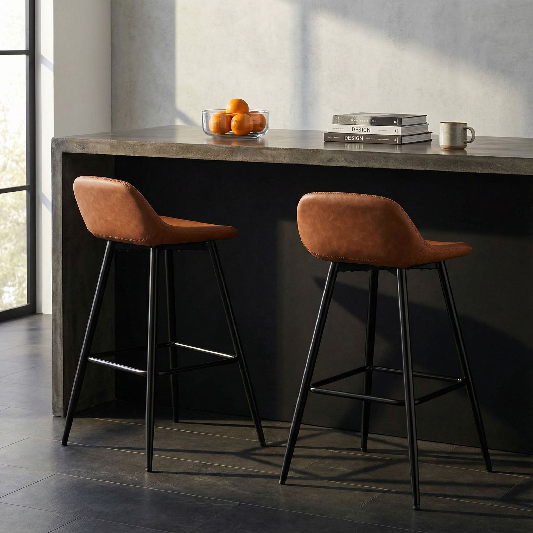 Rain Counterstools in Brown Faux Leather, Black Base (Set of 2)