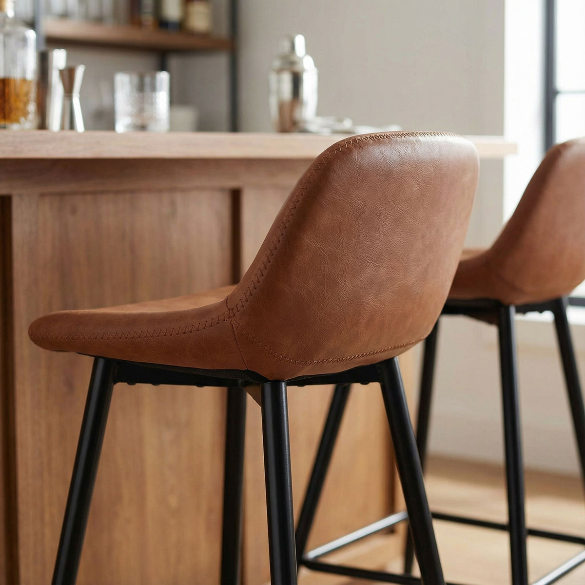 Rain Counterstools in Brown Faux Leather, Black Base (Set of 2)