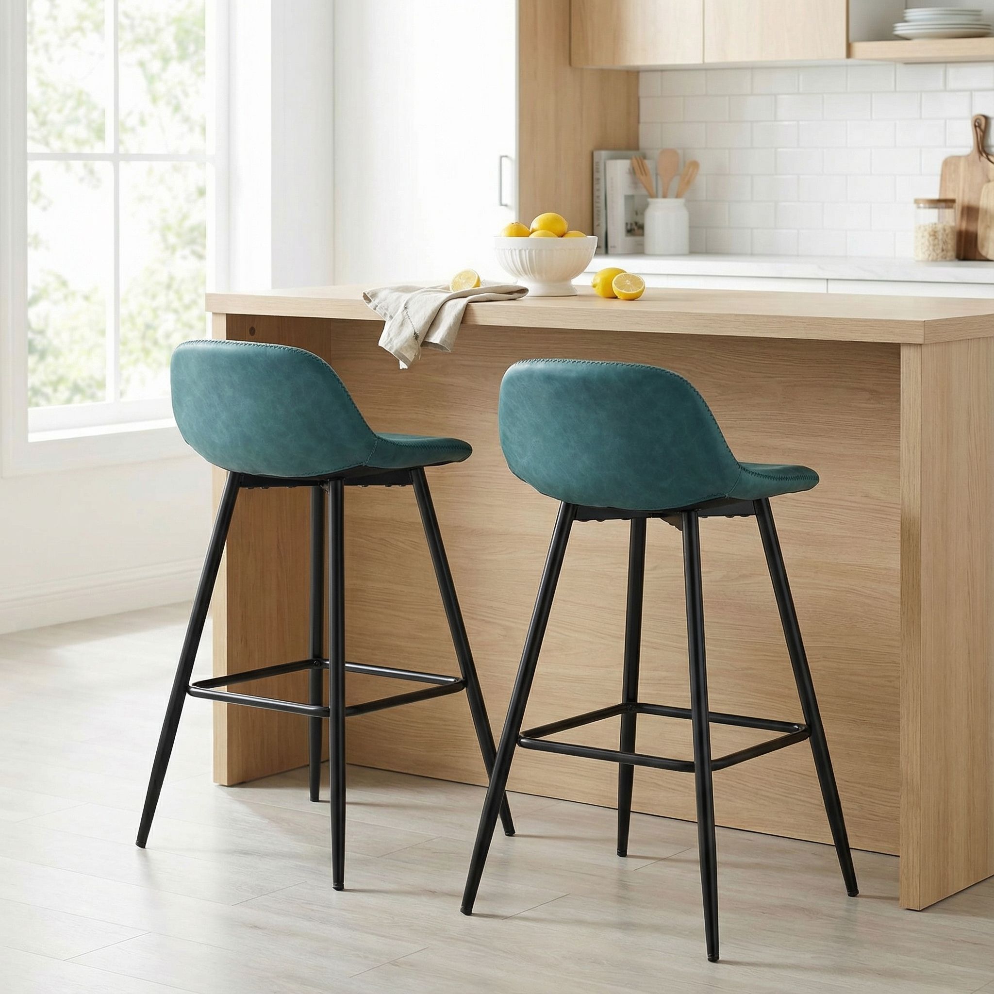 Rain Counterstools in Teal Faux Leather, Black Base (Set of 2)