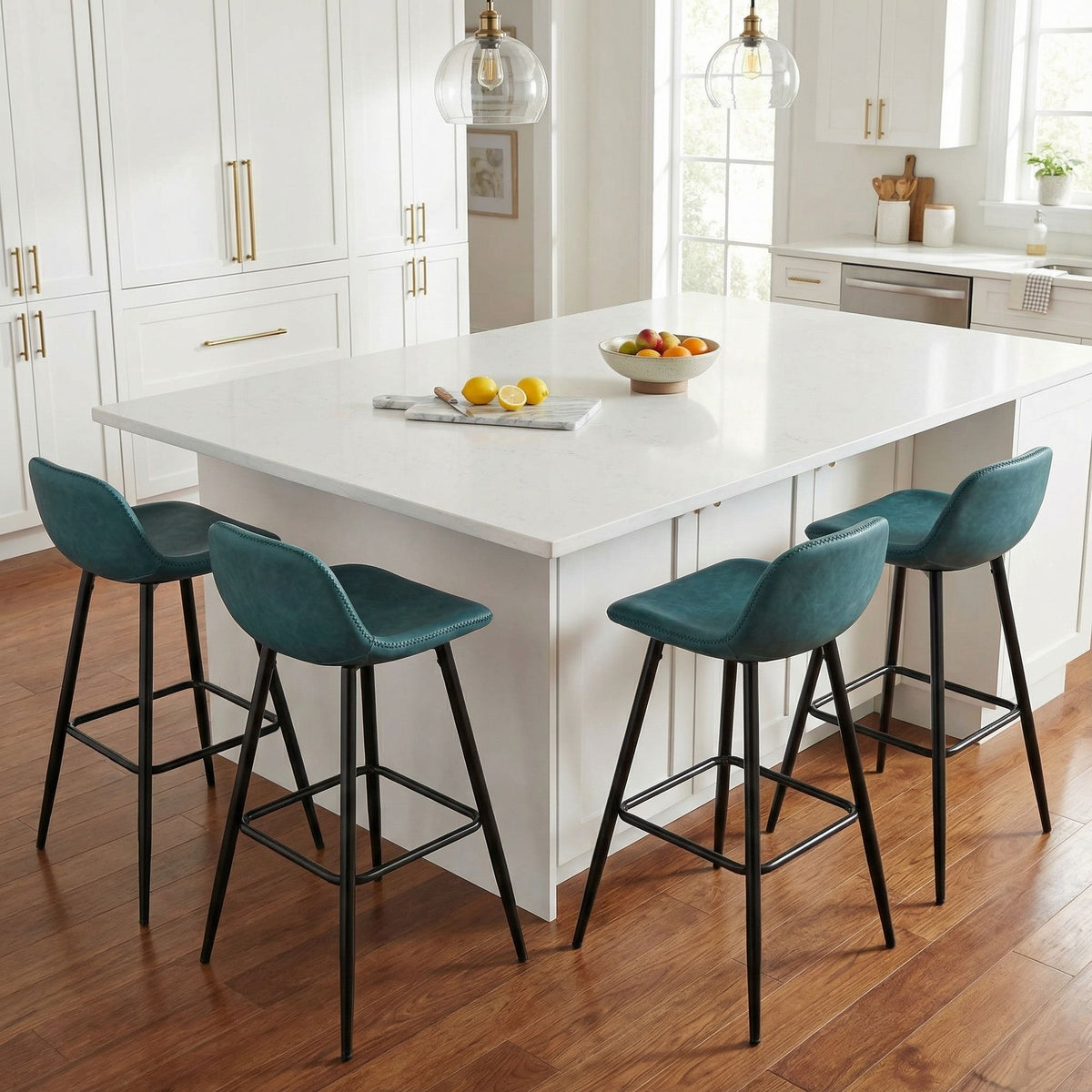 Rain Counterstools in Teal Faux Leather, Black Base (Set of 2)