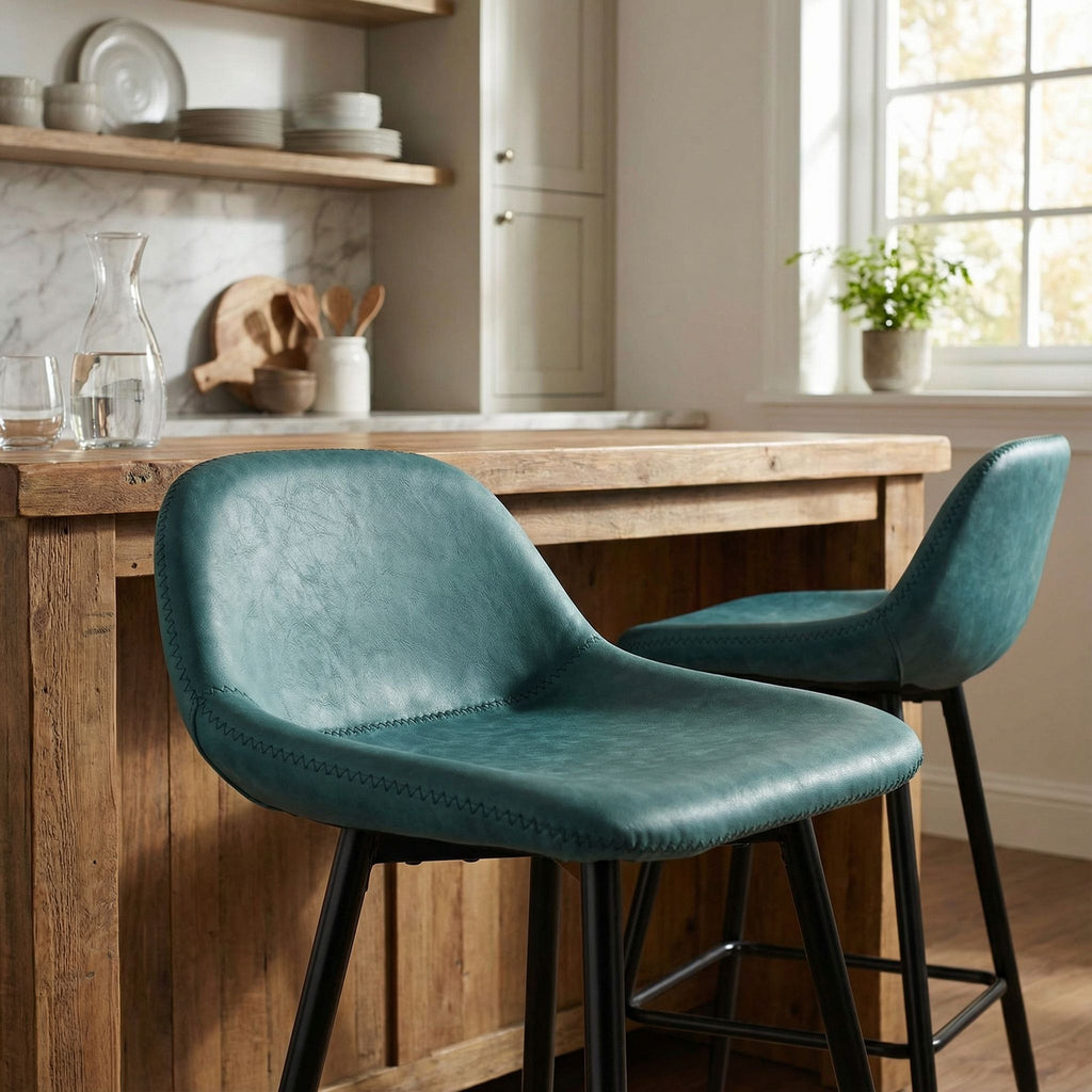Rain Counterstools in Teal Faux Leather, Black Base (Set of 2)