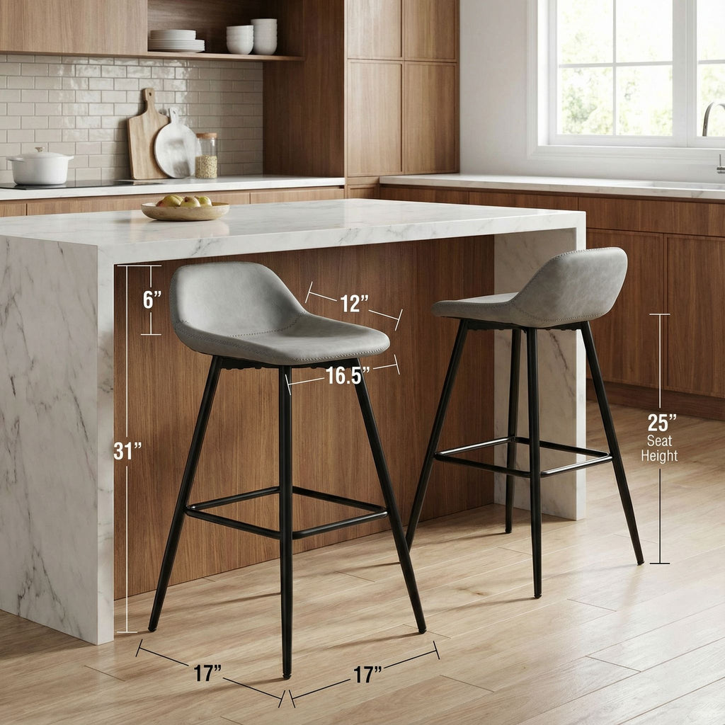 Rain Counterstools in Light Grey Faux Leather, Black Base (Set of 2)
