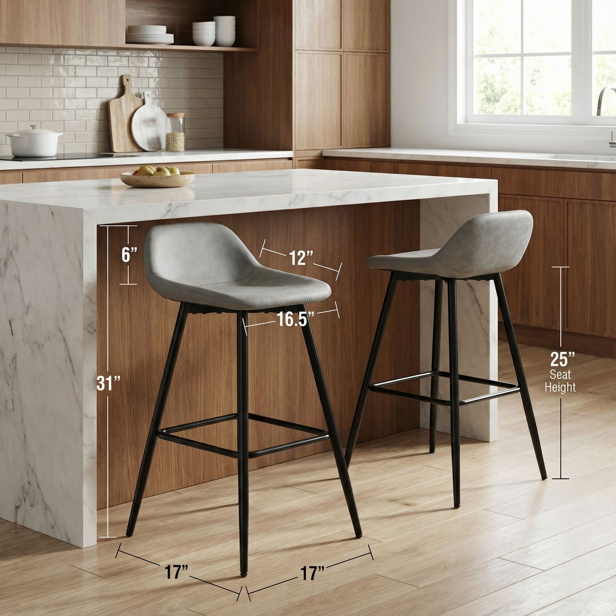 Rain Counterstools in Light Grey Faux Leather, Black Base (Set of 2)