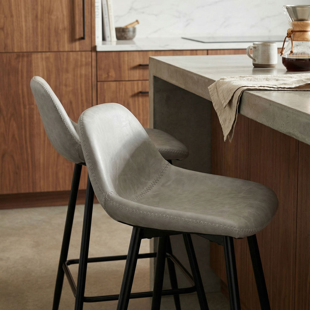 Rain Counterstools in Light Grey Faux Leather, Black Base (Set of 2)