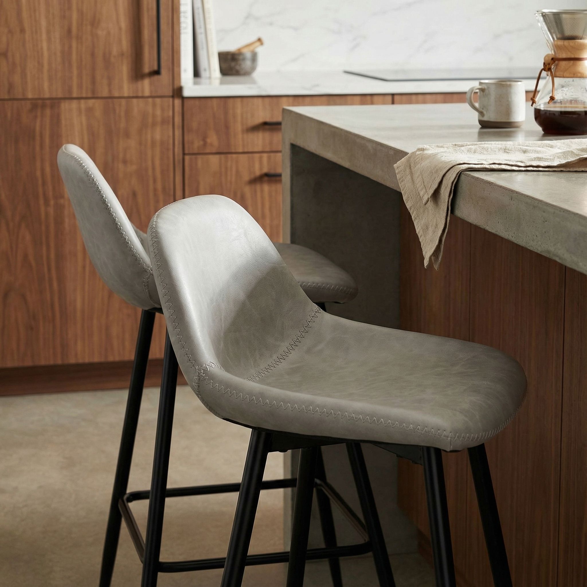 Rain Counterstools in Light Grey Faux Leather, Black Base (Set of 2)