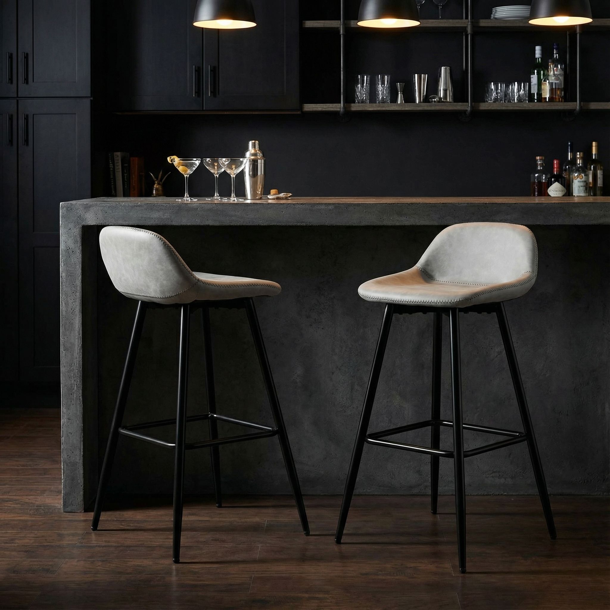 Rain Counterstools in Light Grey Faux Leather, Black Base (Set of 2)