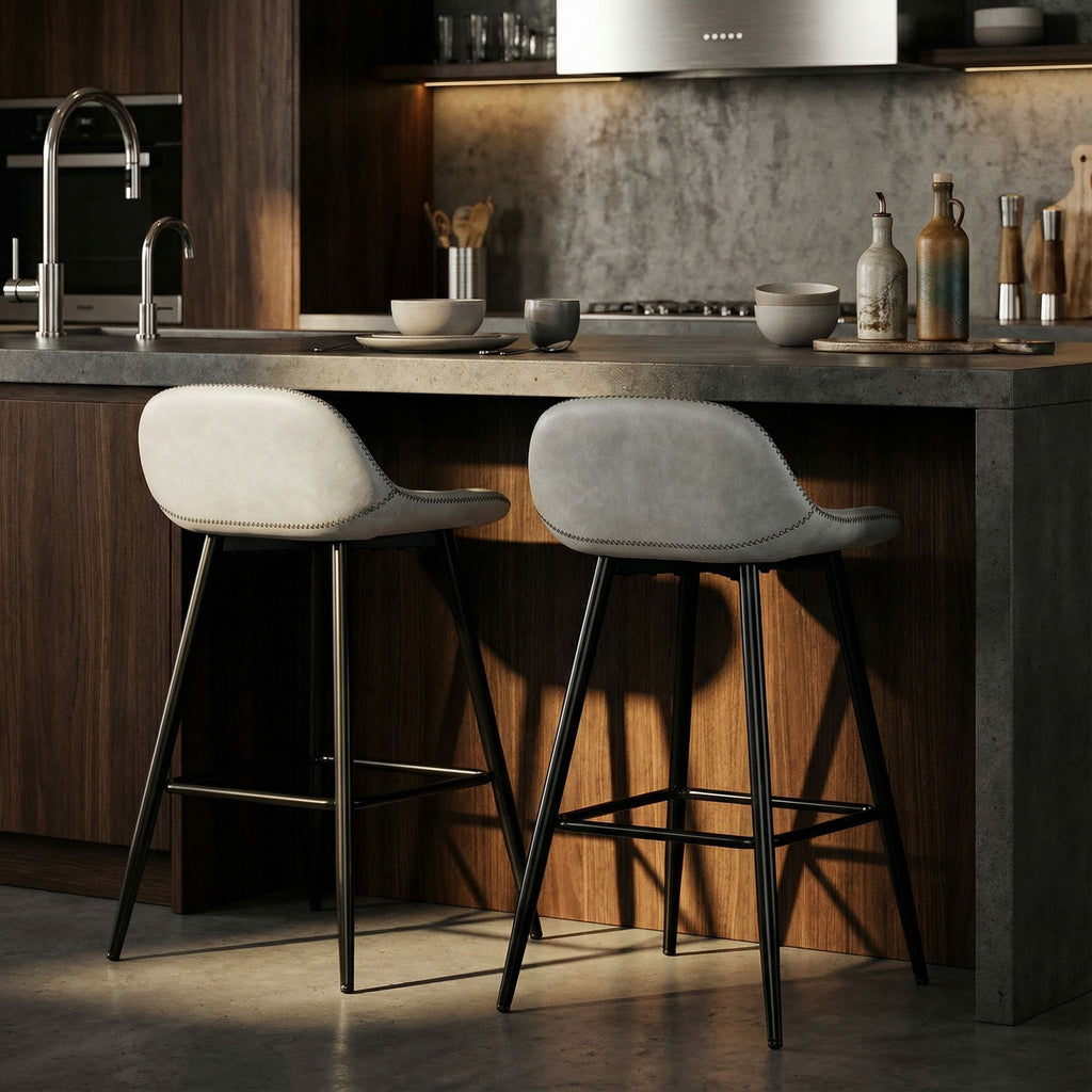 Rain Counterstools in Light Grey Faux Leather, Black Base (Set of 2)