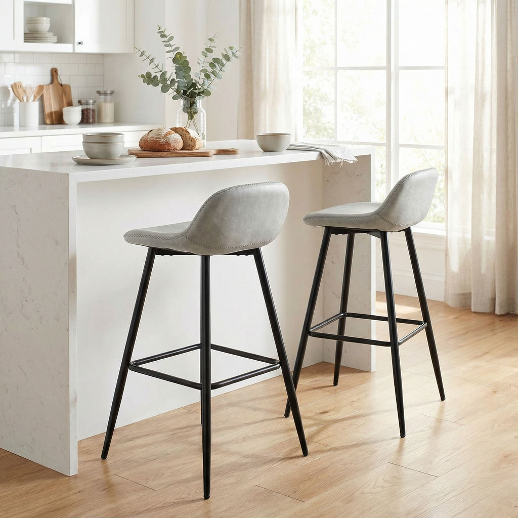 Rain Counterstools in Light Grey Faux Leather, Black Base (Set of 2)
