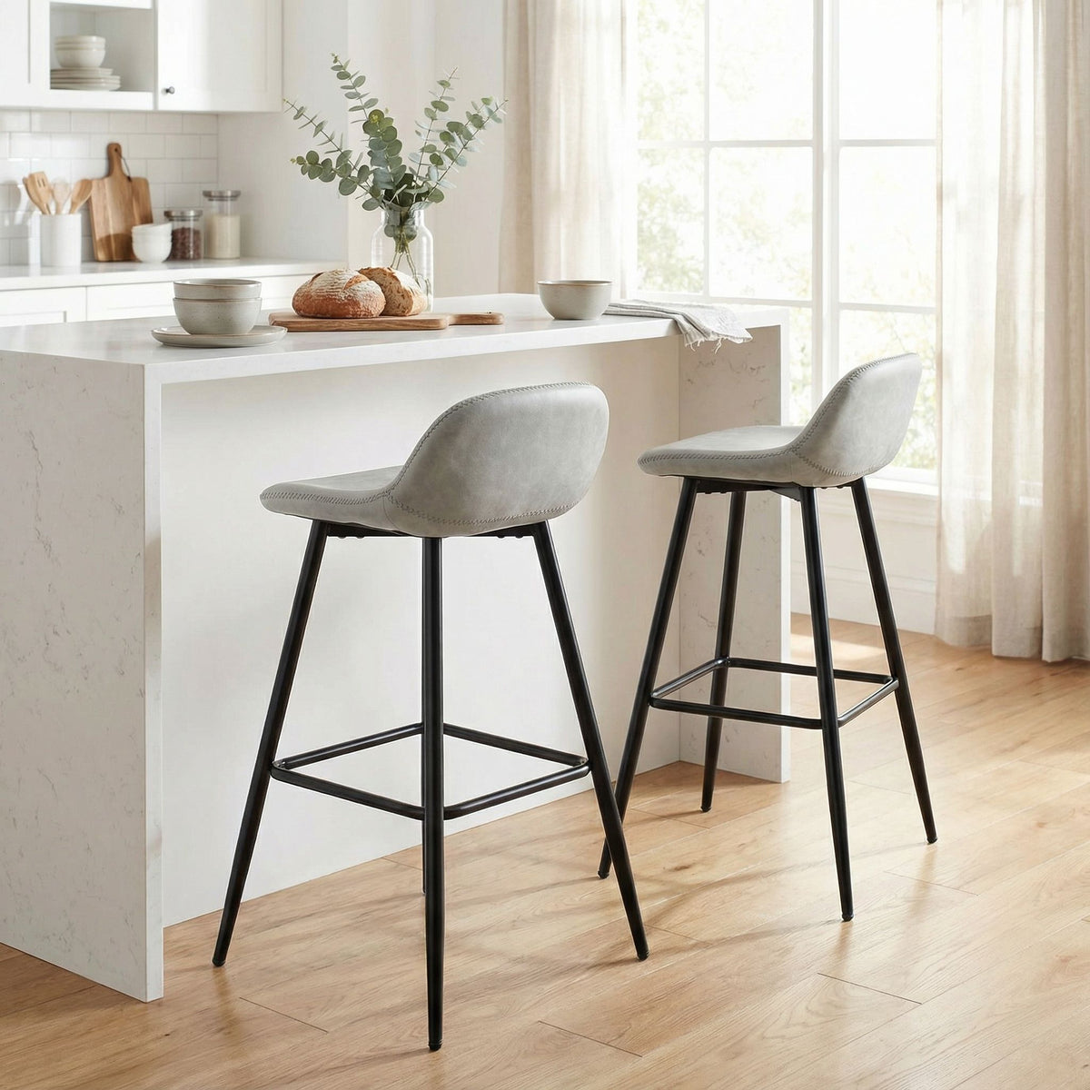 Rain Counterstools in Light Grey Faux Leather, Black Base (Set of 2)
