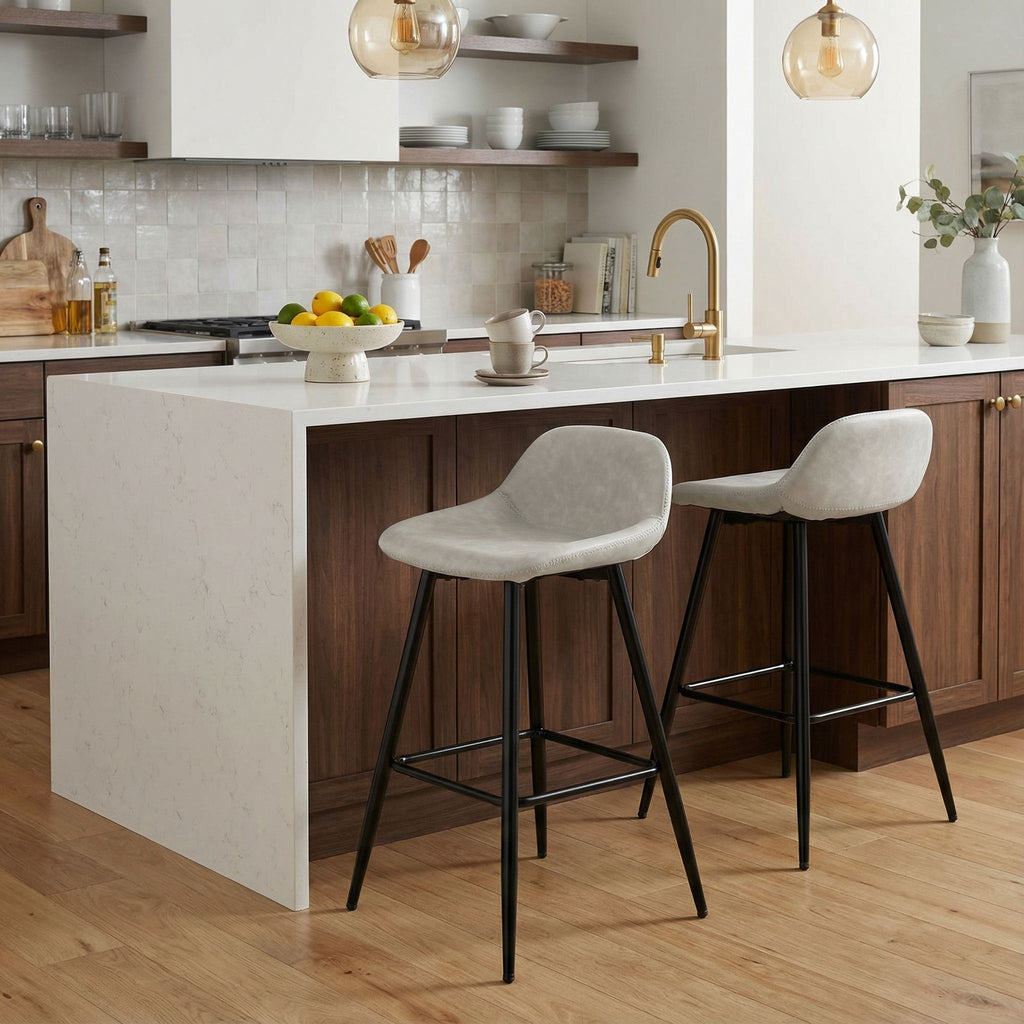Rain Counterstools in Light Grey Faux Leather, Black Base (Set of 2)