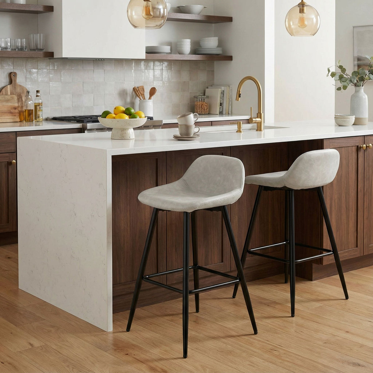 Rain Counterstools in Light Grey Faux Leather, Black Base (Set of 2)