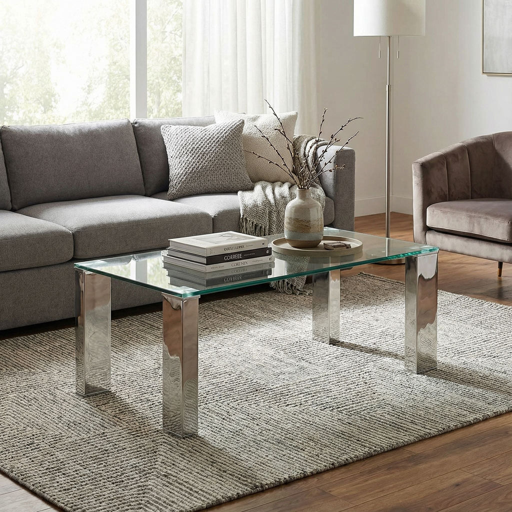 Isaak Contemporary Glass Coffee Table with Chrome Finish