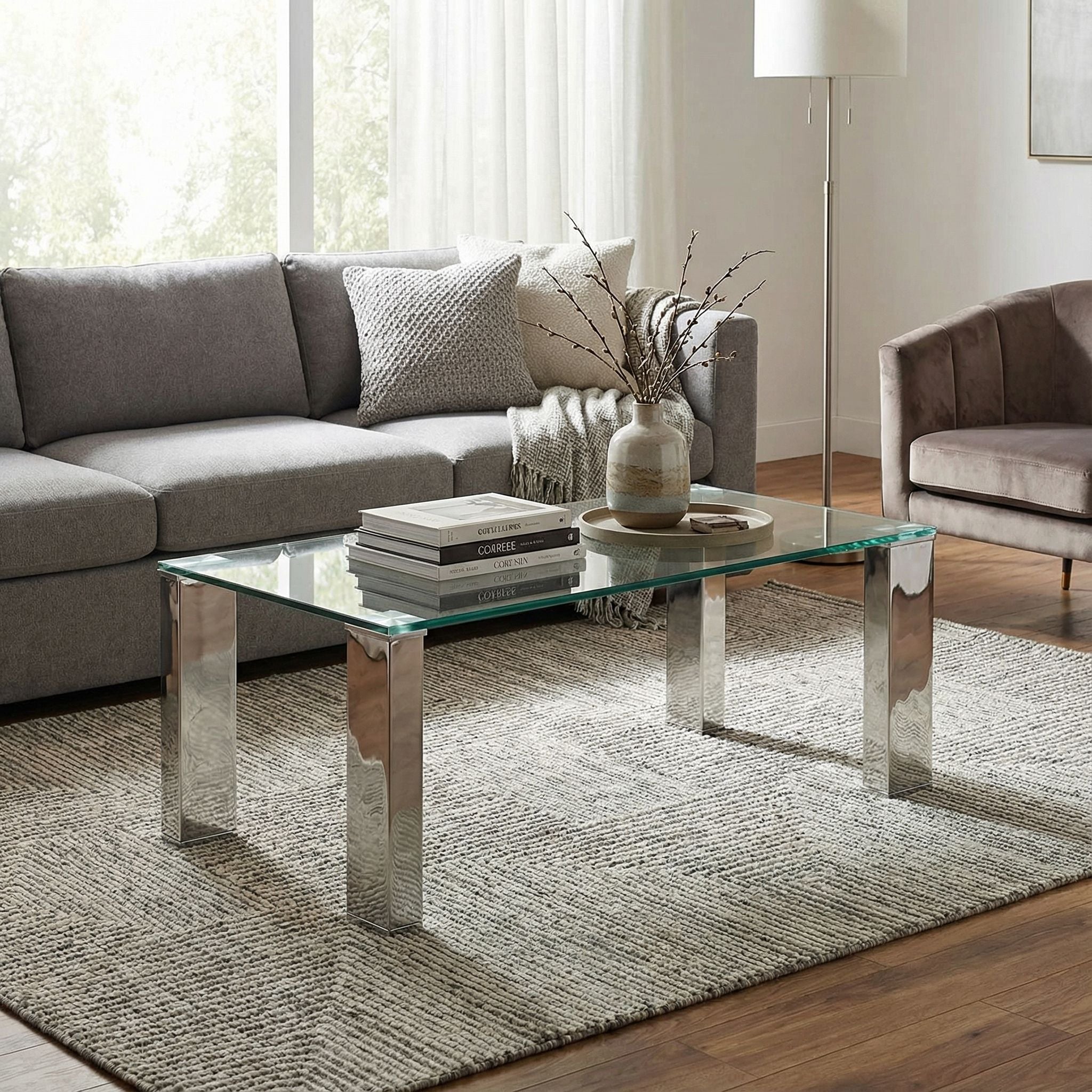 Isaak Contemporary Glass Coffee Table with Chrome Finish