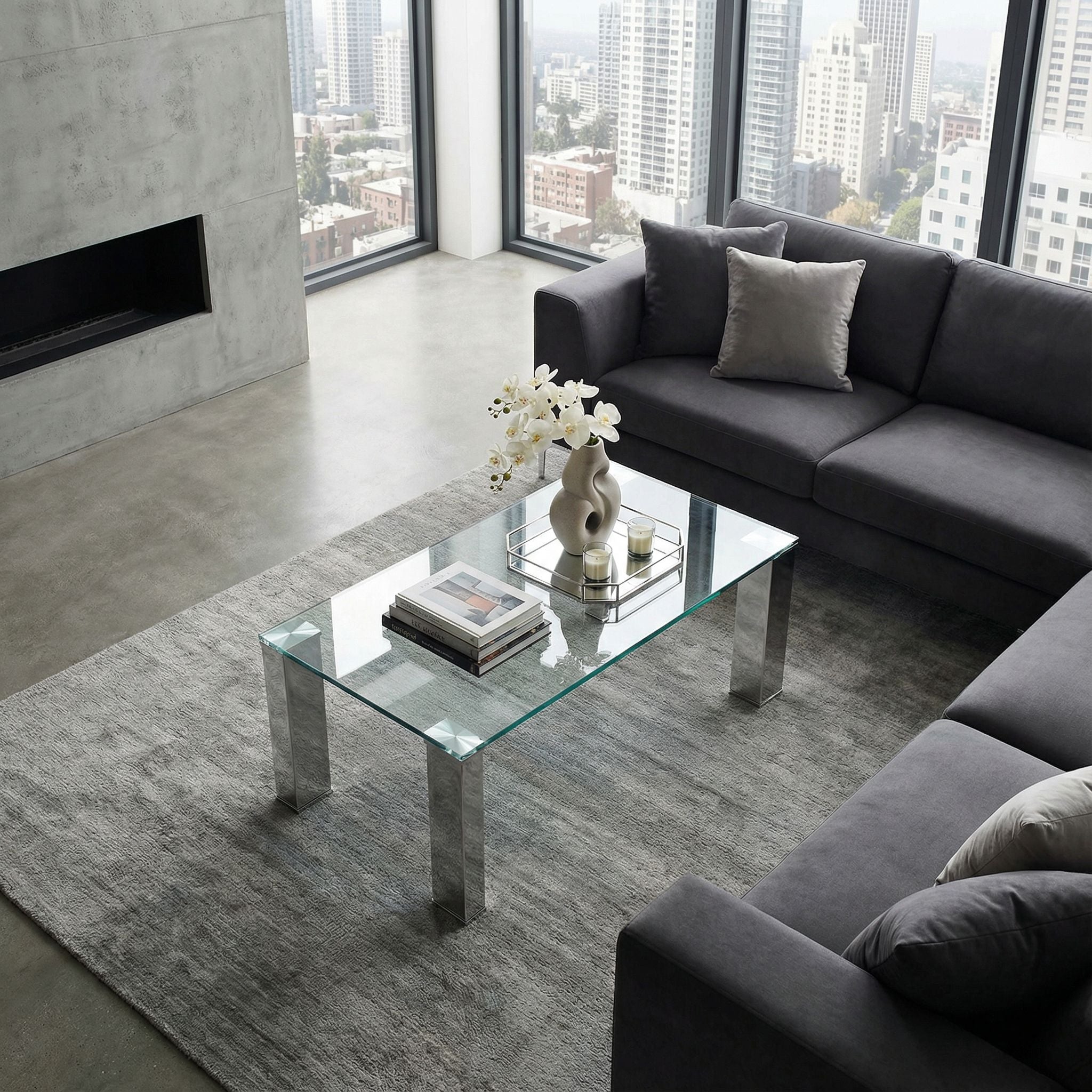 Isaak Contemporary Glass Coffee Table with Chrome Finish