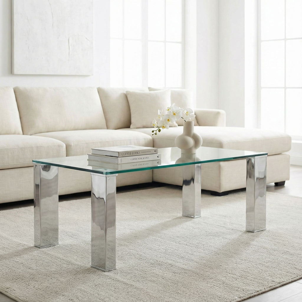 Isaak Contemporary Glass Coffee Table with Chrome Finish