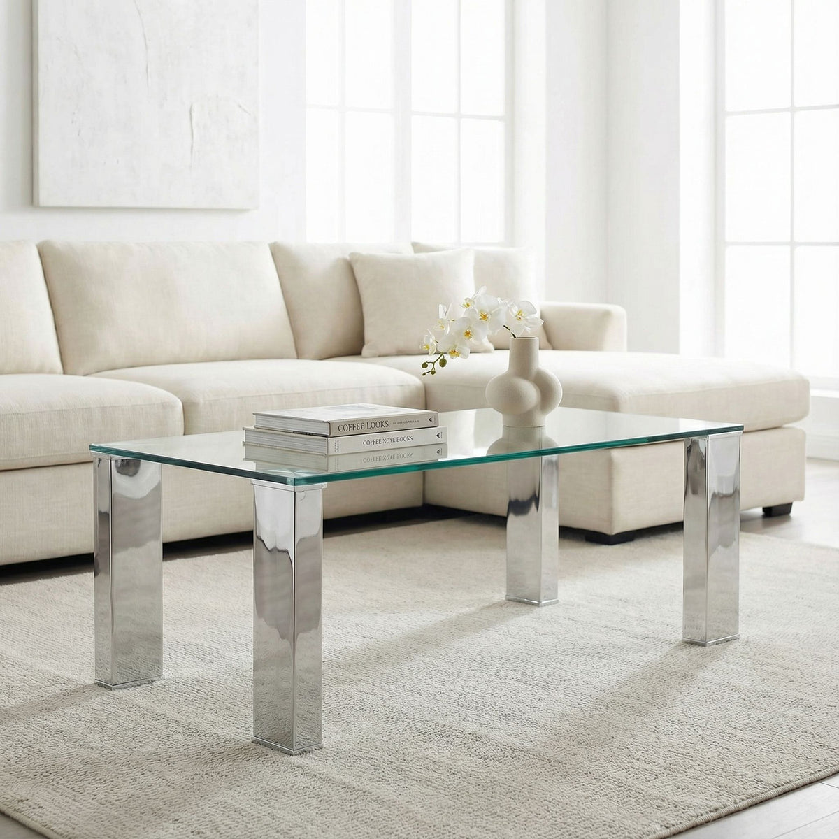 Isaak Contemporary Glass Coffee Table with Chrome Finish
