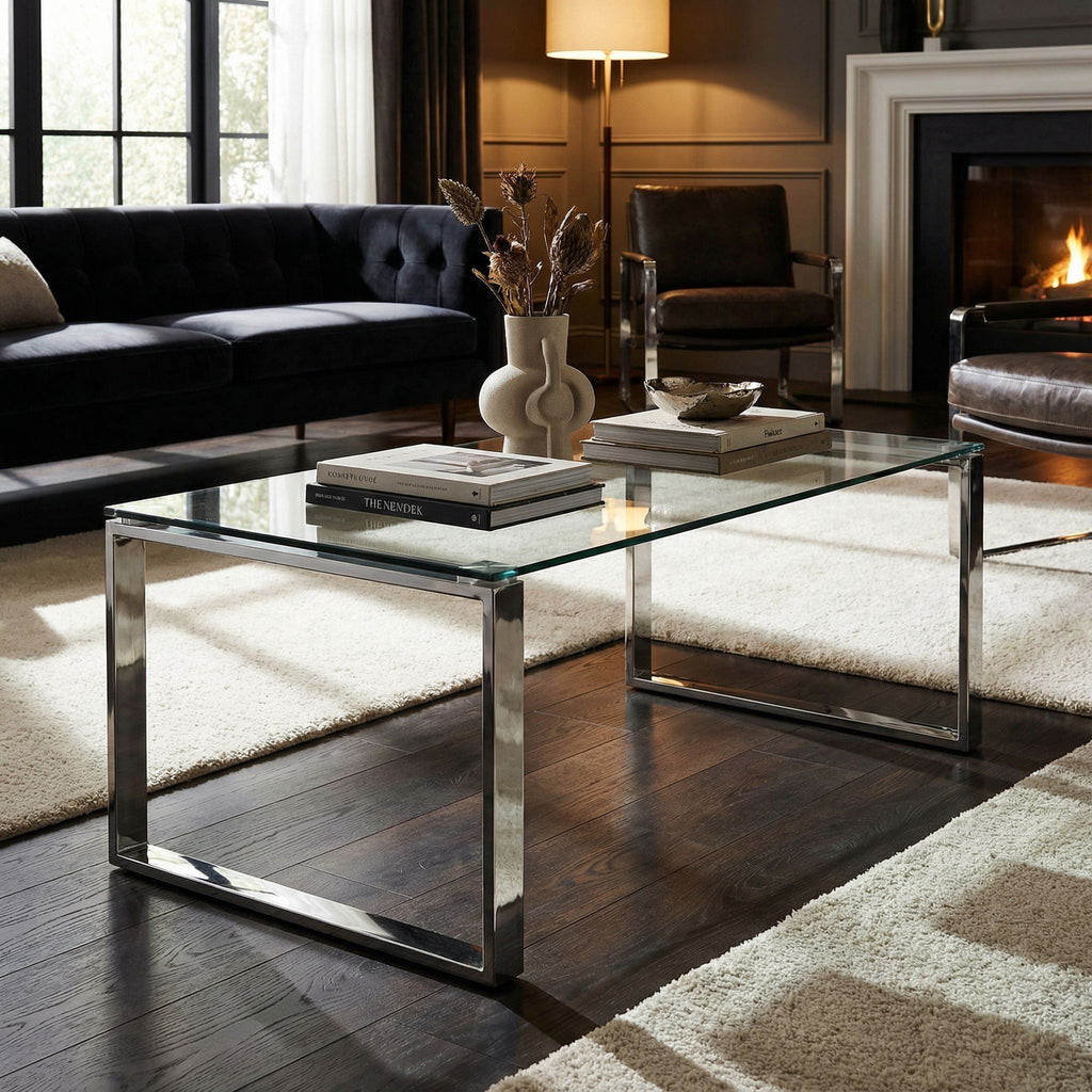 Remi Contemporary Glass Coffee Table with Chrome Finish
