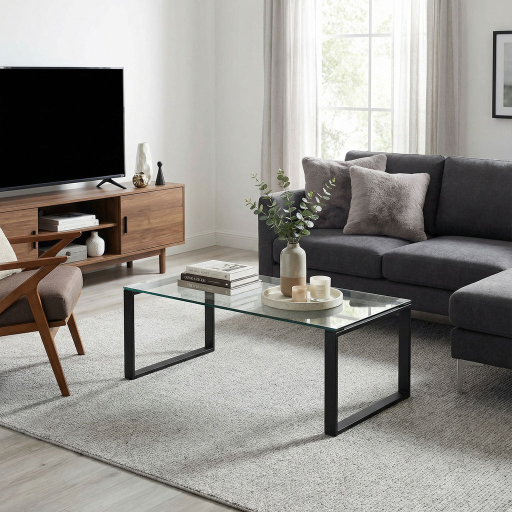 Gega Contemporary Glass Coffee Table in Matte Black, Clear Glass