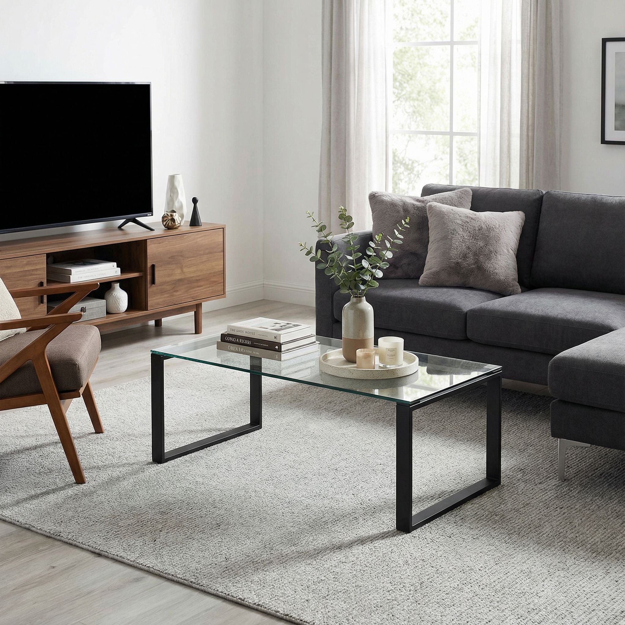 Gega Contemporary Glass Coffee Table in Matte Black, Clear Glass